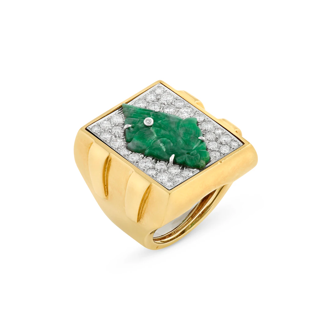 David Webb Carved Jade and Diamond Ring