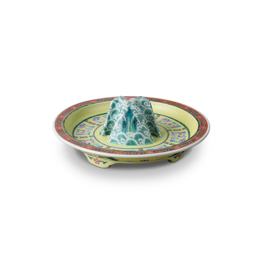 A Rare Yangcai Sgraffito Yellow-Ground Mountain-Shaped Jue Stand