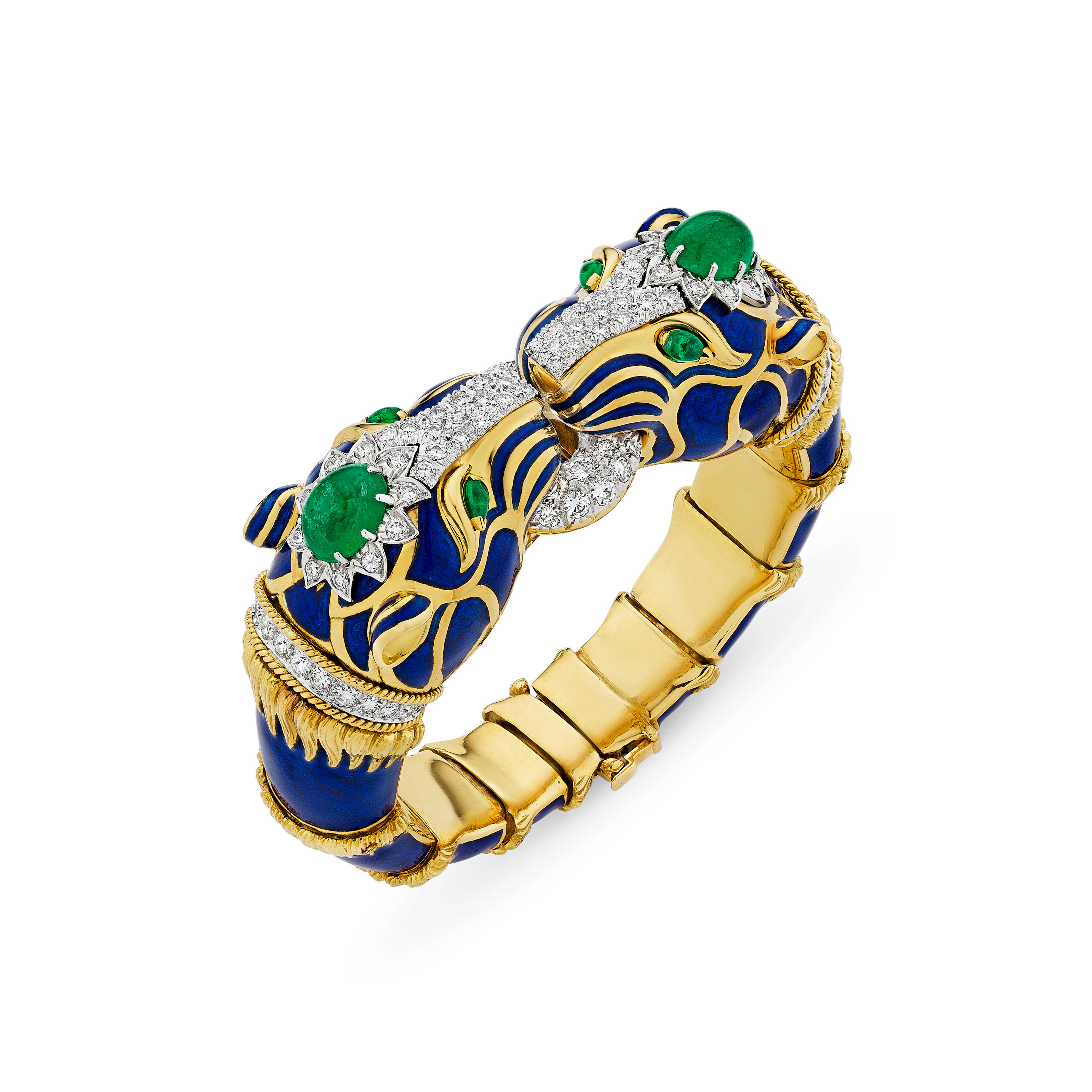 David Webb Enamel, Emerald and Diamond 'Double Tiger' Bracelet