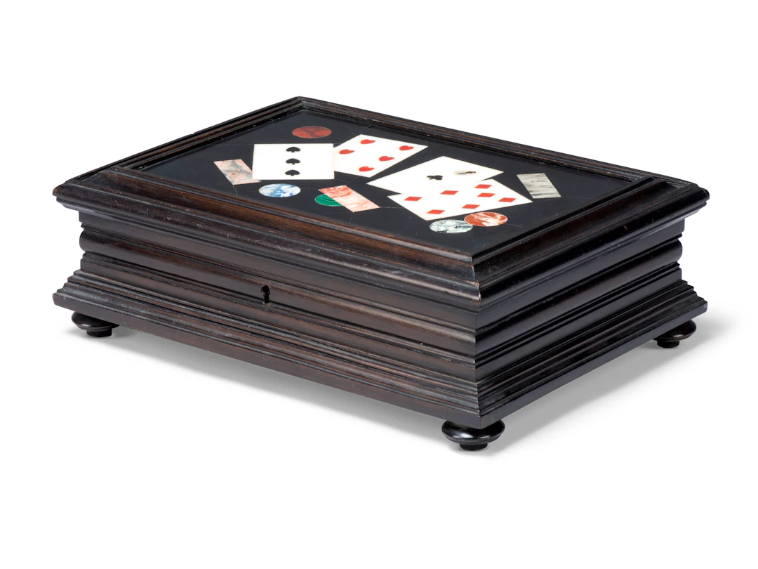 An Italian Pietra Dura and Ebony Playing Card Box
