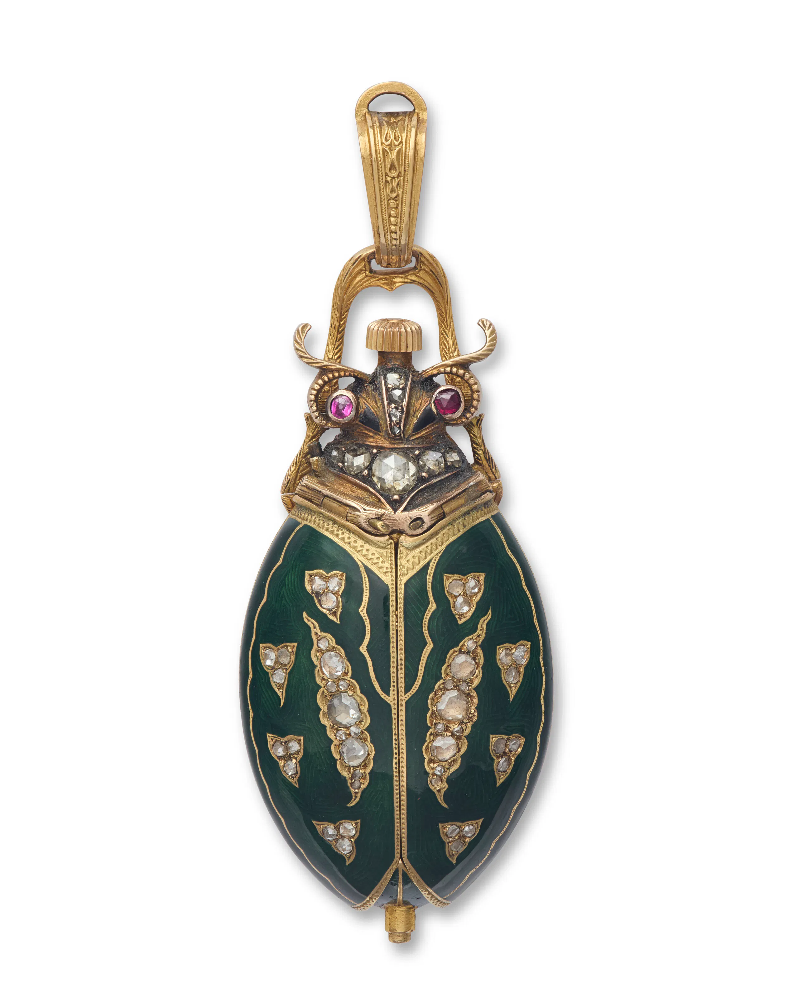 A Swiss Gem-Set Enameled Gold Scarab Pendant Watch for the Chinese Market