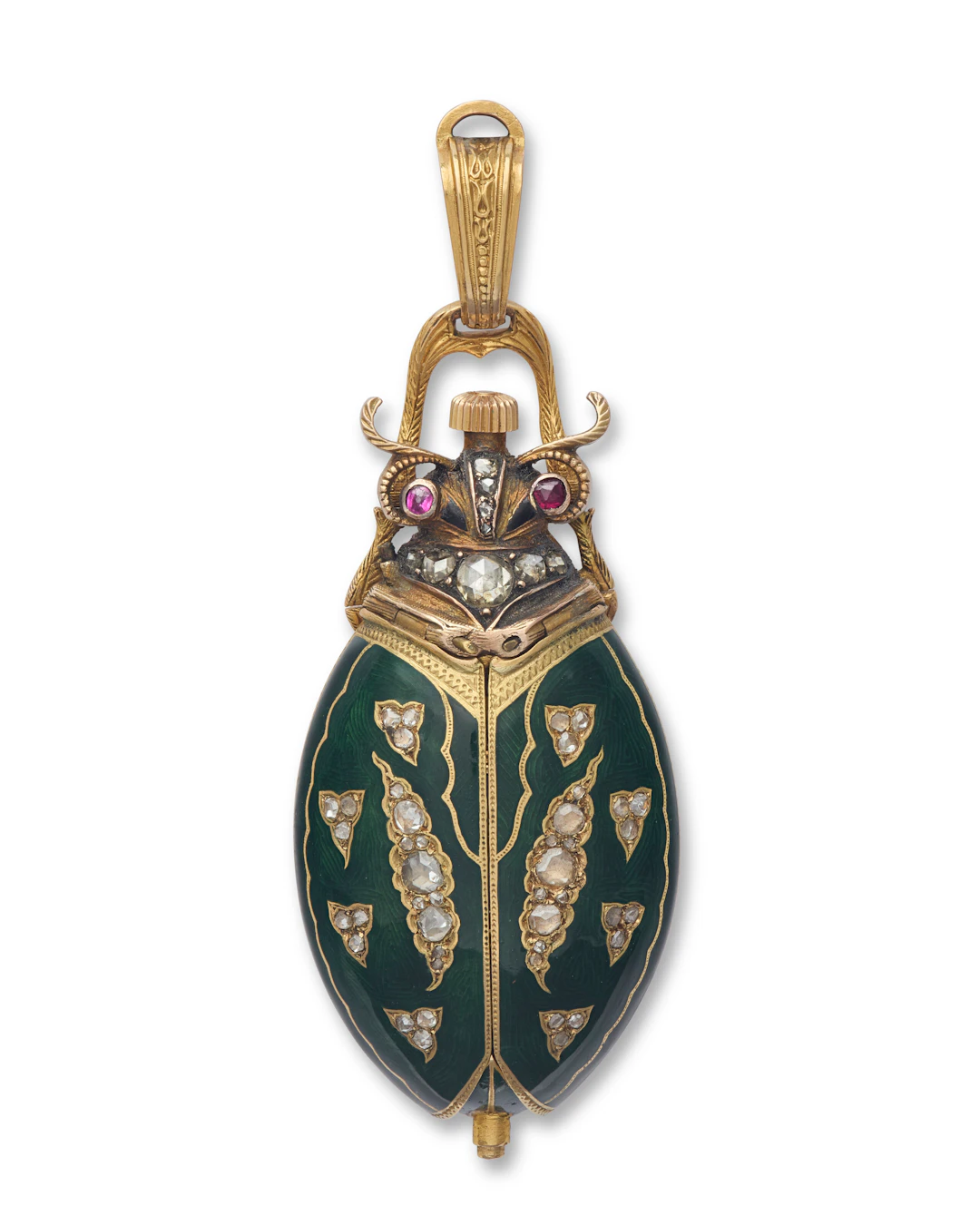 A Swiss Gem-Set Enameled Gold Scarab Pendant Watch for the Chinese Market