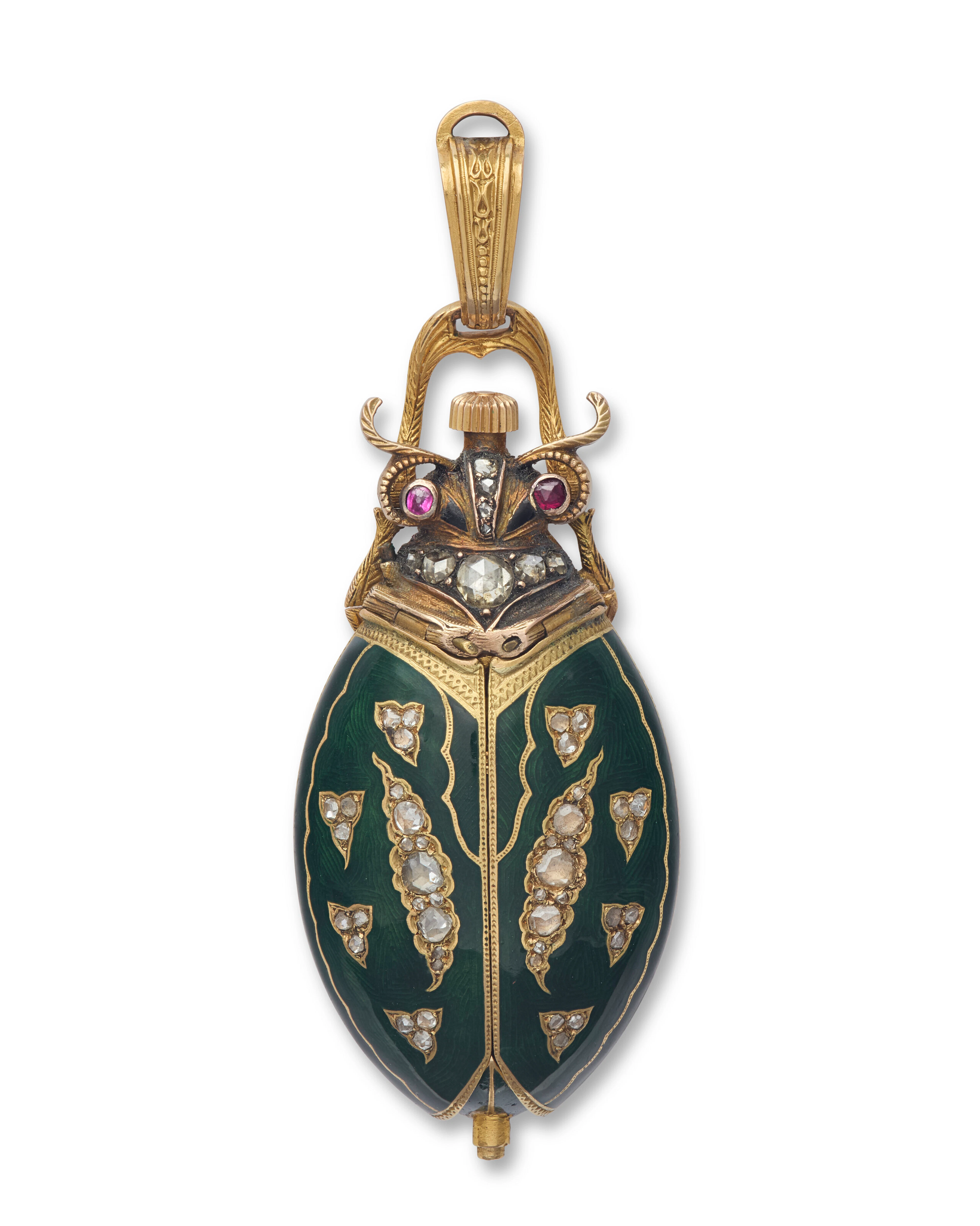 A Swiss Gem-Set Enameled Gold Scarab Pendant Watch for the Chinese Market