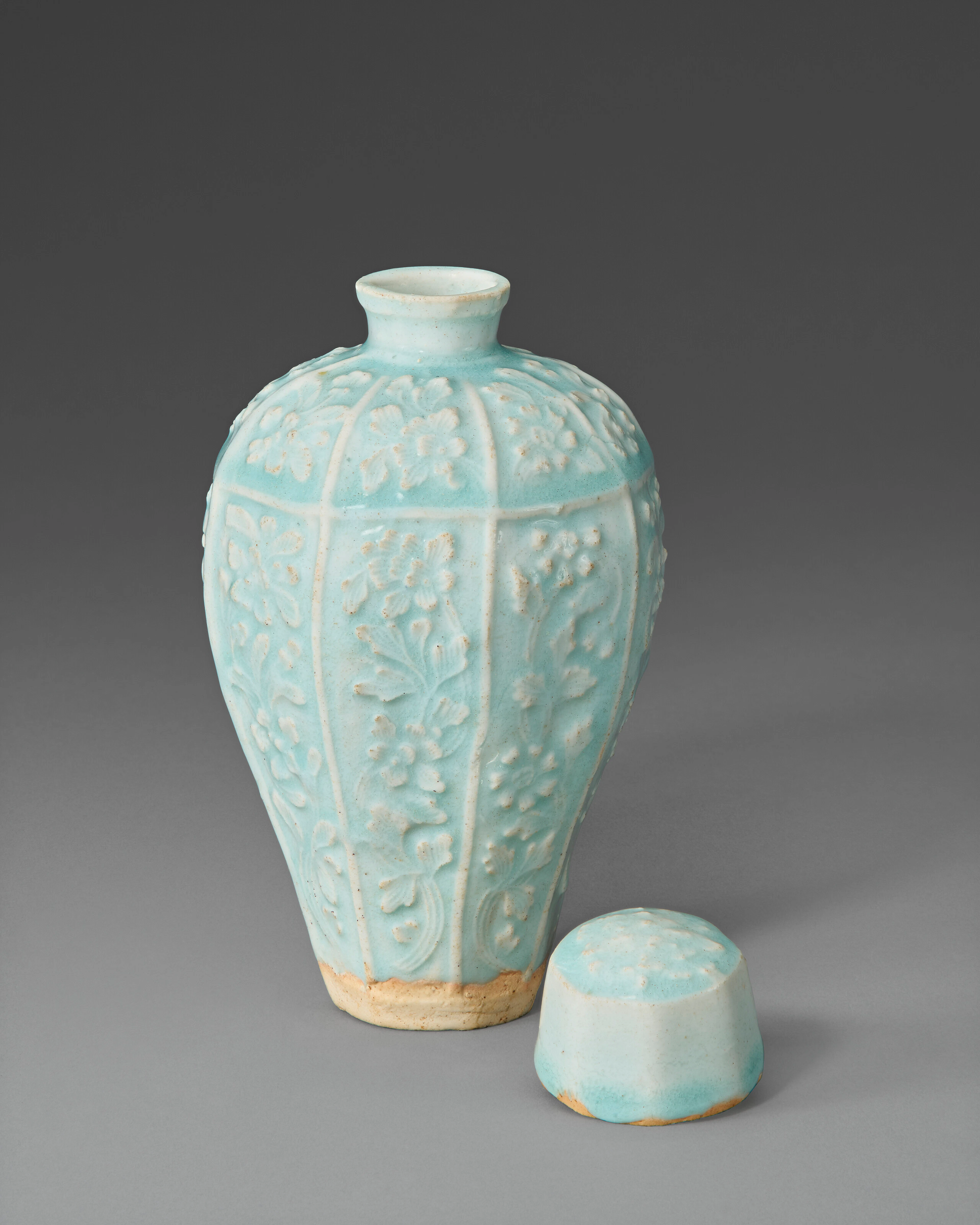 A Rare Molded Qingbai Faceted Meiping and Cover