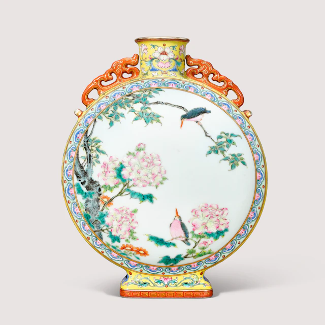 An Exceedingly Rare and Superb Yangcai ‘Swallow and Kingfisher’ Moonflask