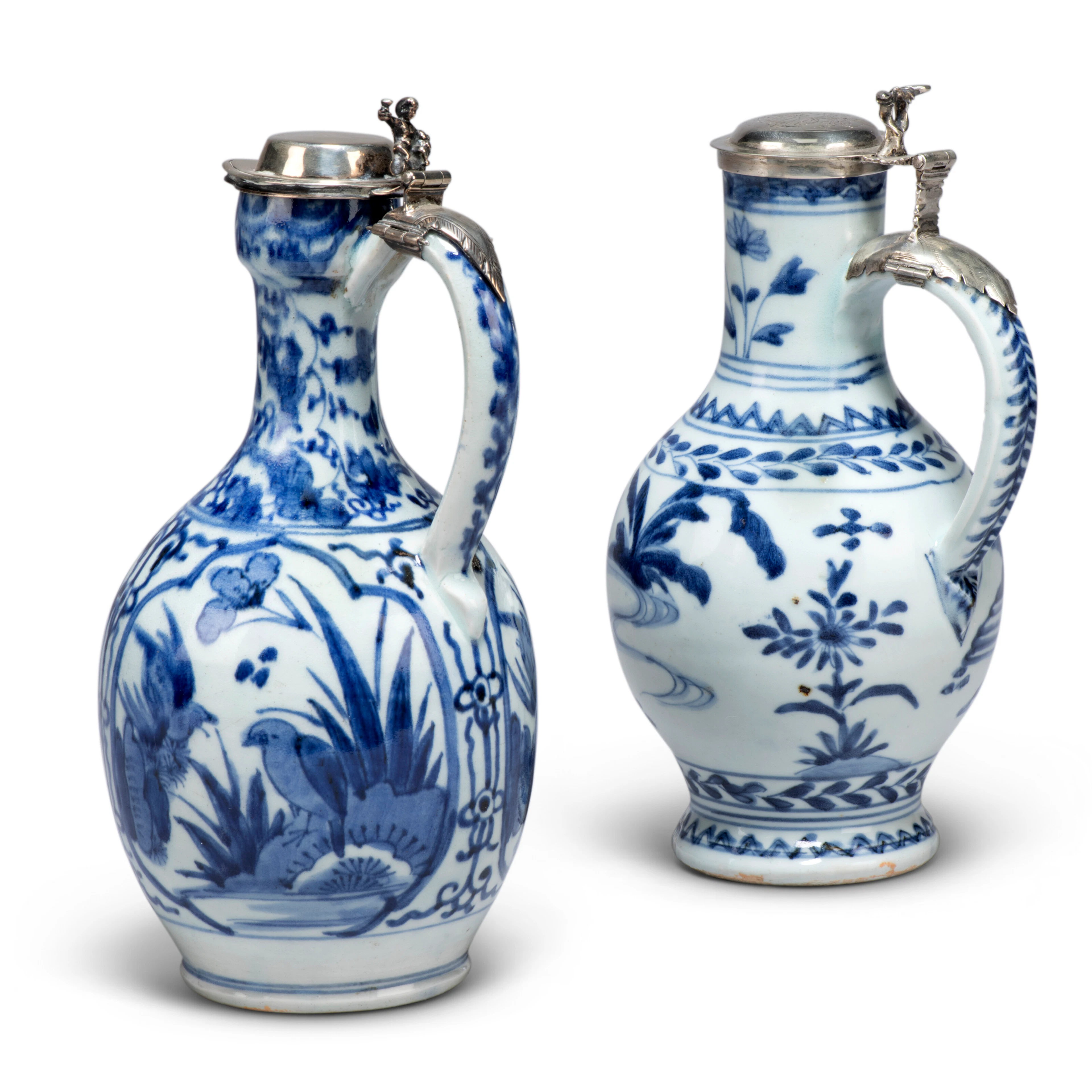 Two Silver-Mounted Japanese Blue-And-White Arita Porcelain Ewers
