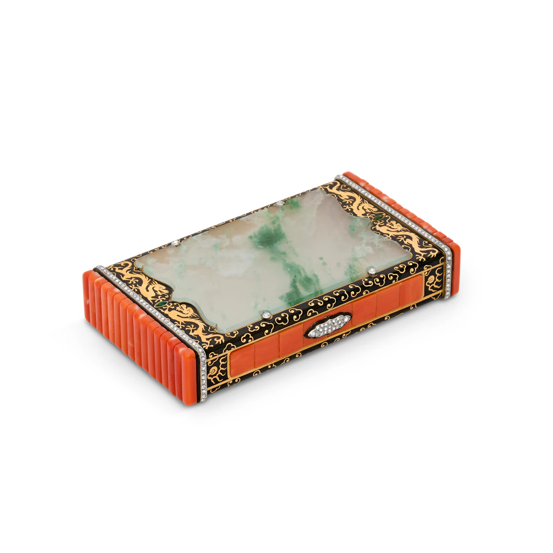 Cartier Art Deco Jade, Coral, Diamond, Emerald and Enamel Cigarette Case