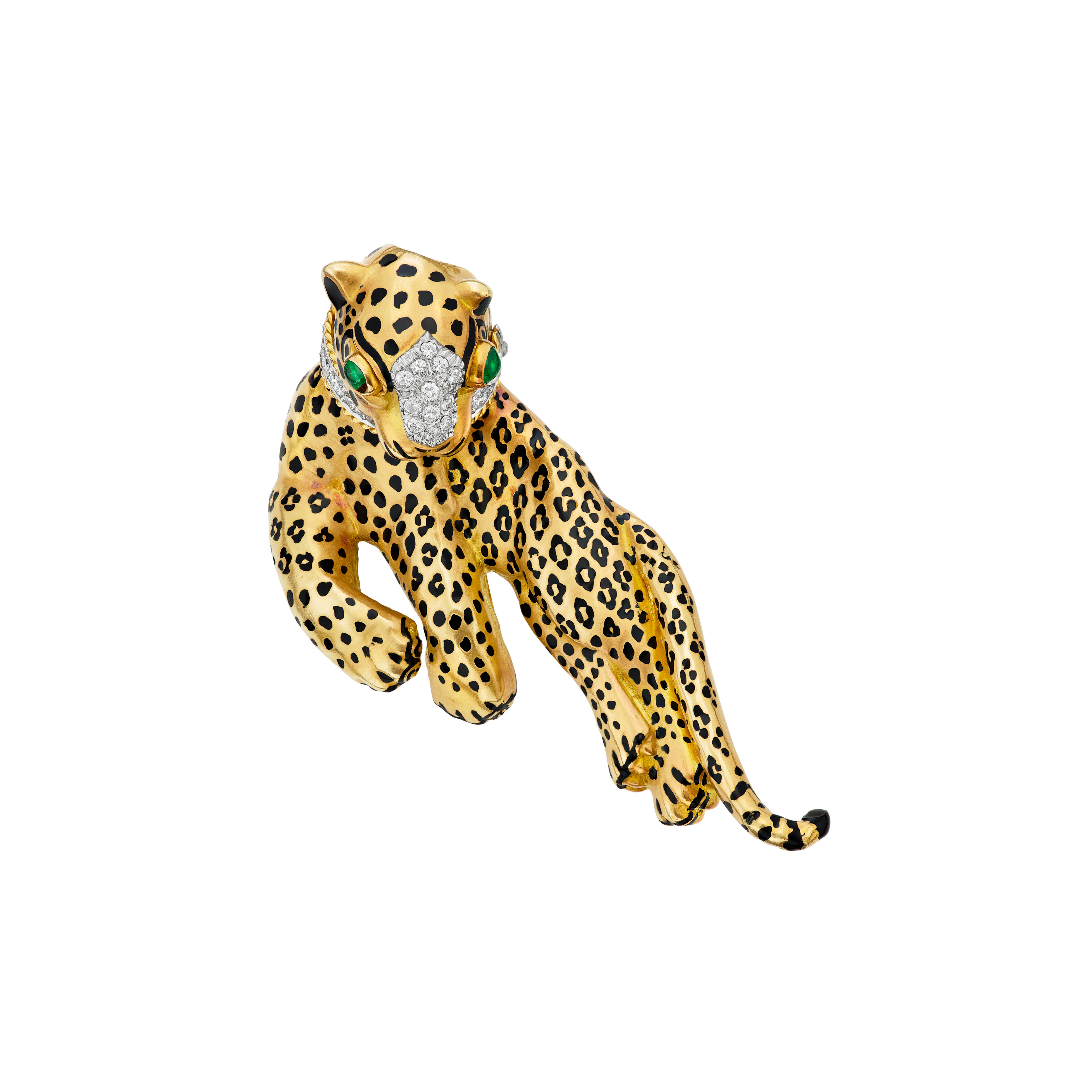 David Webb Emerald, Diamond and Enamel Leopard Brooch