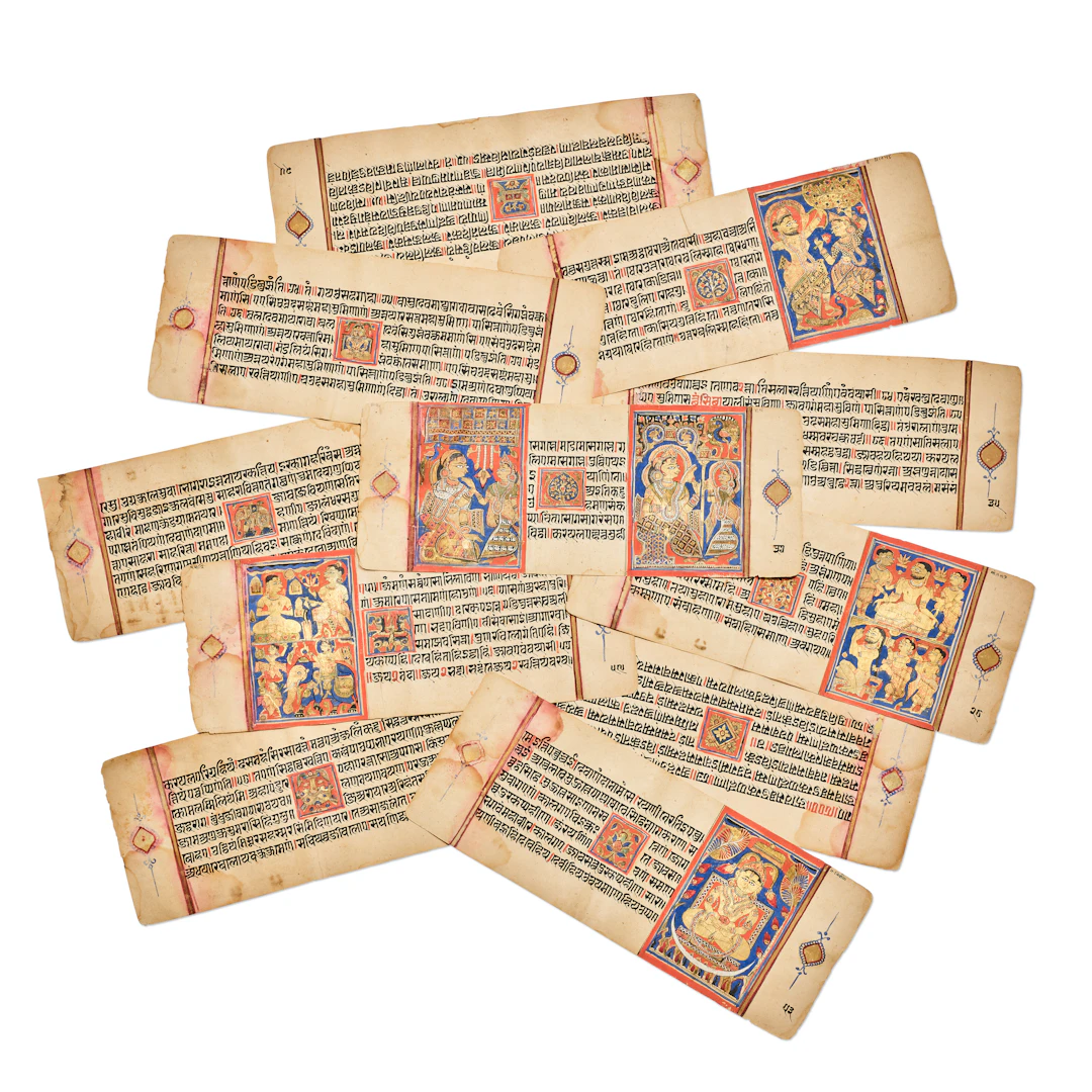 A Large Group of Illustrated Double-Sided Folios from a Kalpasutra Manuscript