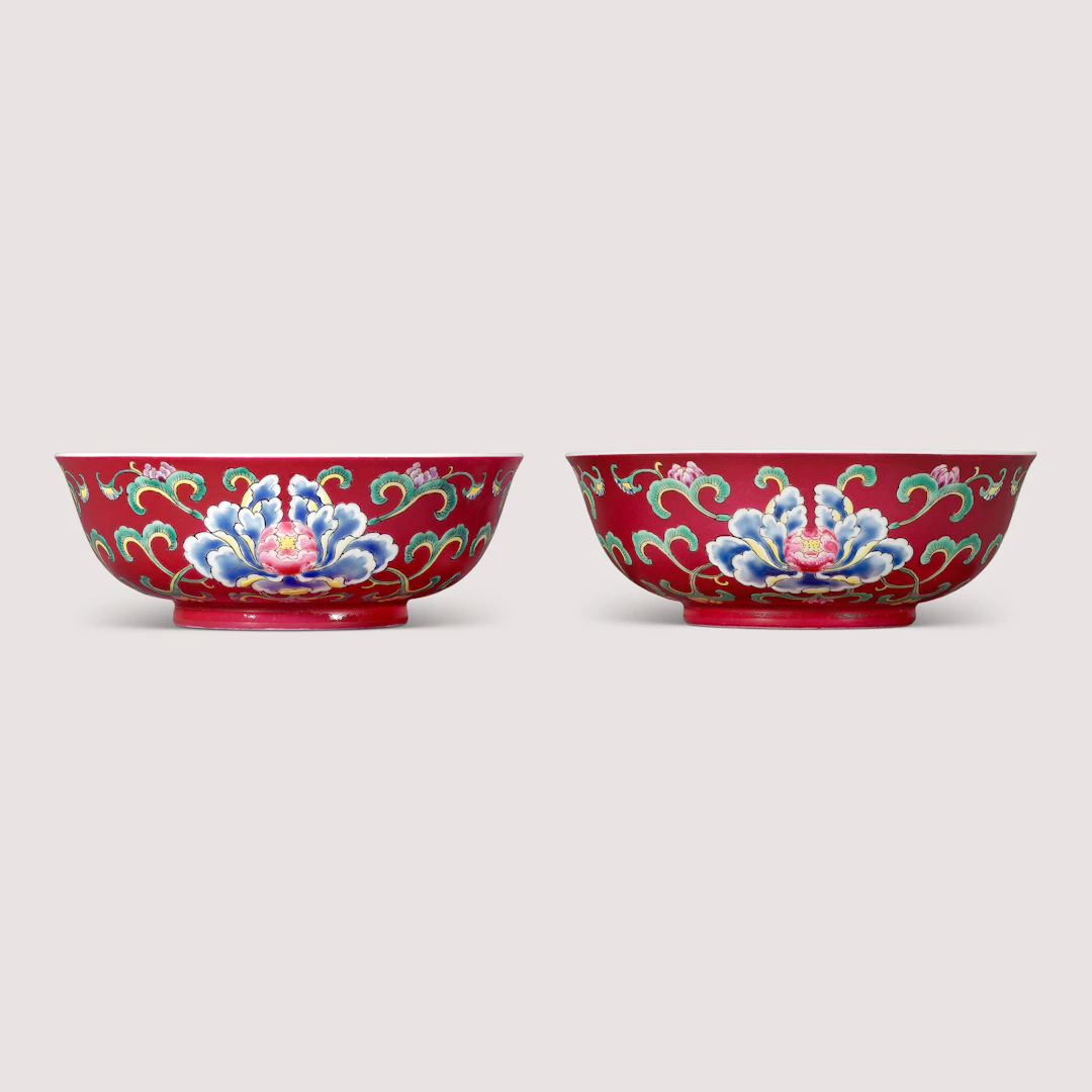 A Very Rare and Exceptional Pair of Yangcai Ruby-Ground ‘Lotus’ Butter