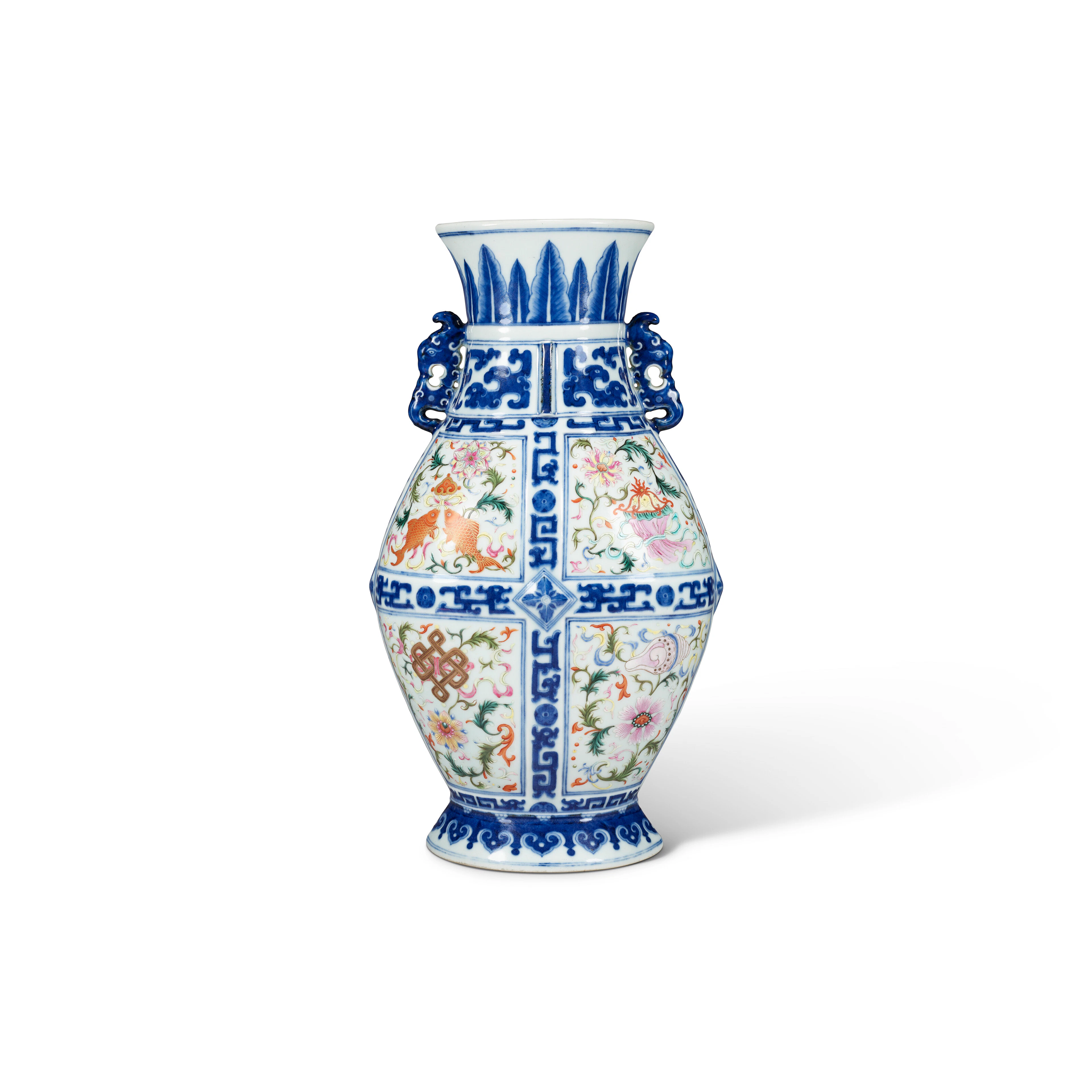 A Rare Famille Rose and Blue and White ‘Eight Buddhist Emblems’ Hu- Form Vase
