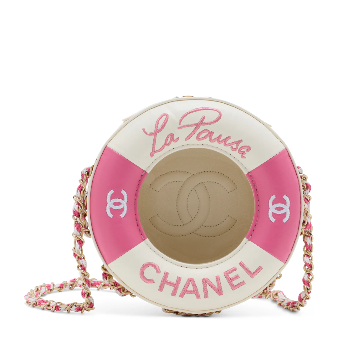 A Runway Pink & White Lambskin Leather La Pausa Coco Life Saver Minaudière Bag