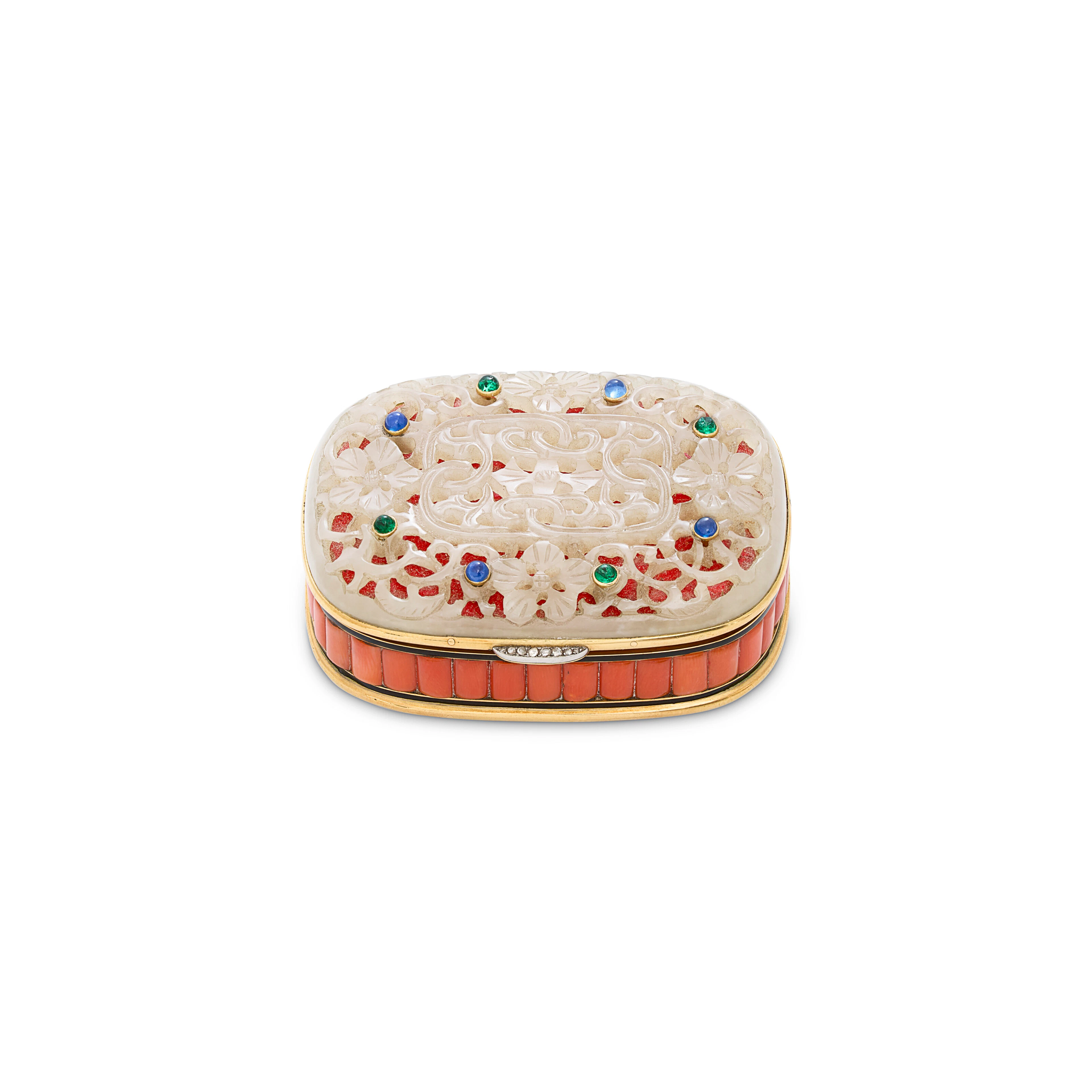 Cartier Art Deco Jade, Coral, Sapphire, Emerald, Diamond and Enamel Vanity Case