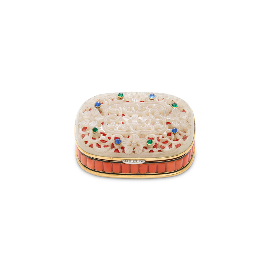 Cartier Art Deco Jade, Coral, Sapphire, Emerald, Diamond and Enamel Vanity Case