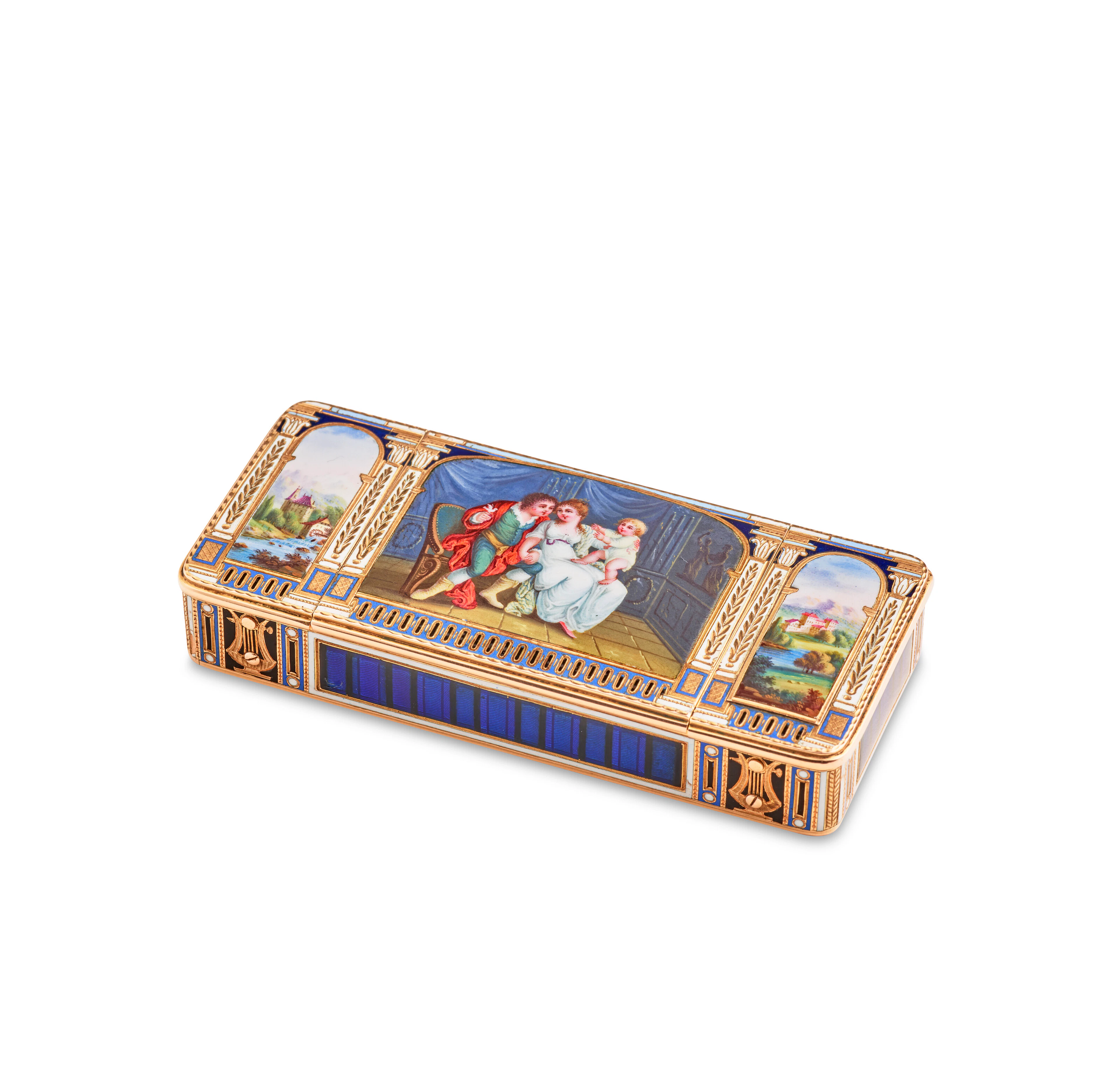 A Rare Swiss Enamelled Gold Three-Compartment Musical Box...