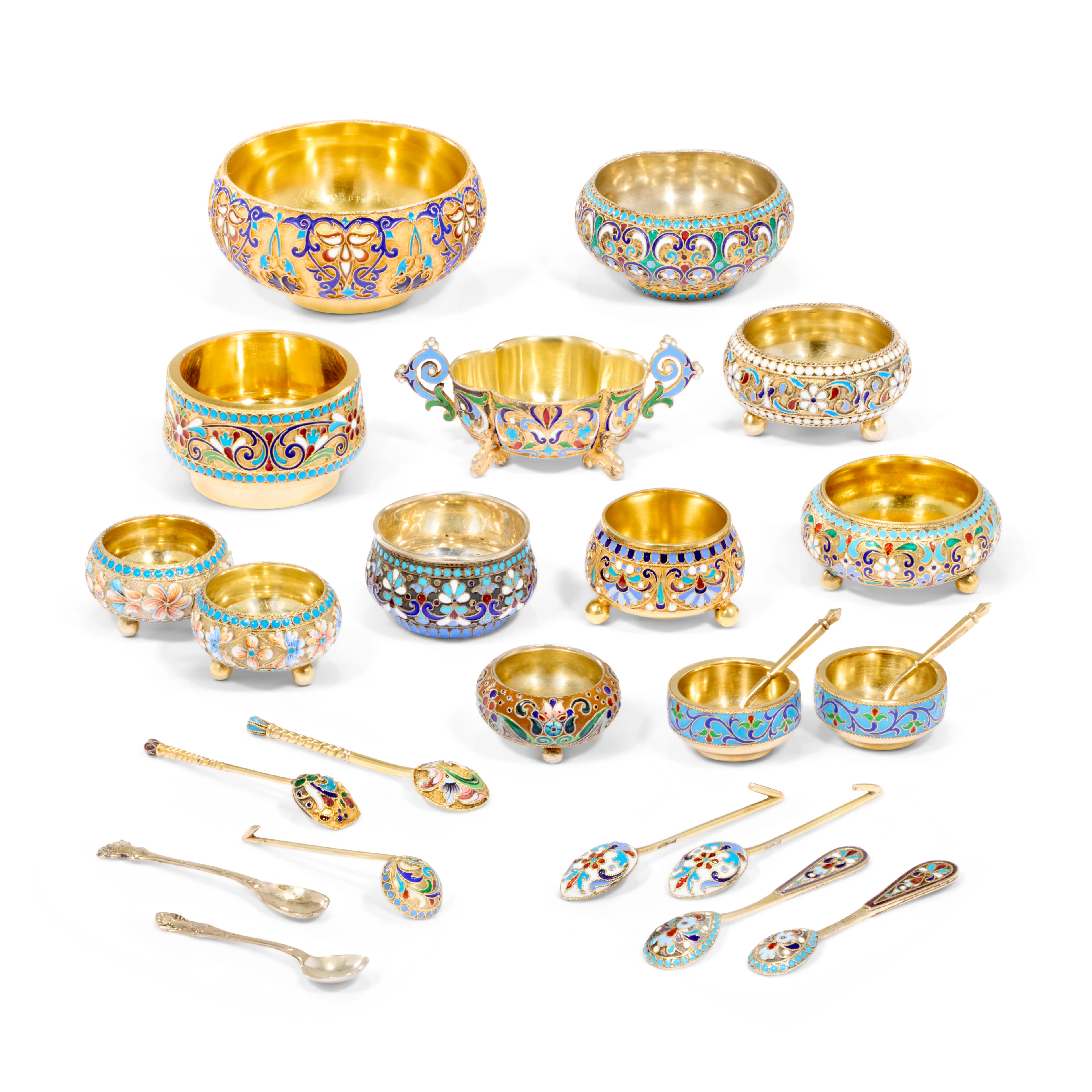 A Group of Thirteen Russian Cloisonné Enamel Silver-Gilt Salt Cellars