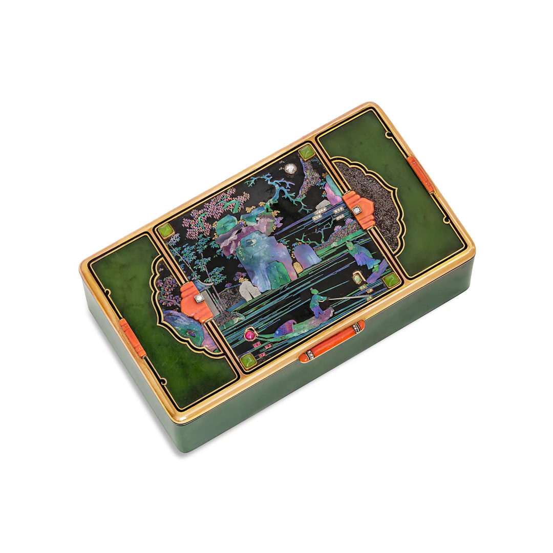 Cartier Art Deco Multi-Gem, Laque Burgauté and Enamel Table Cigarette Case