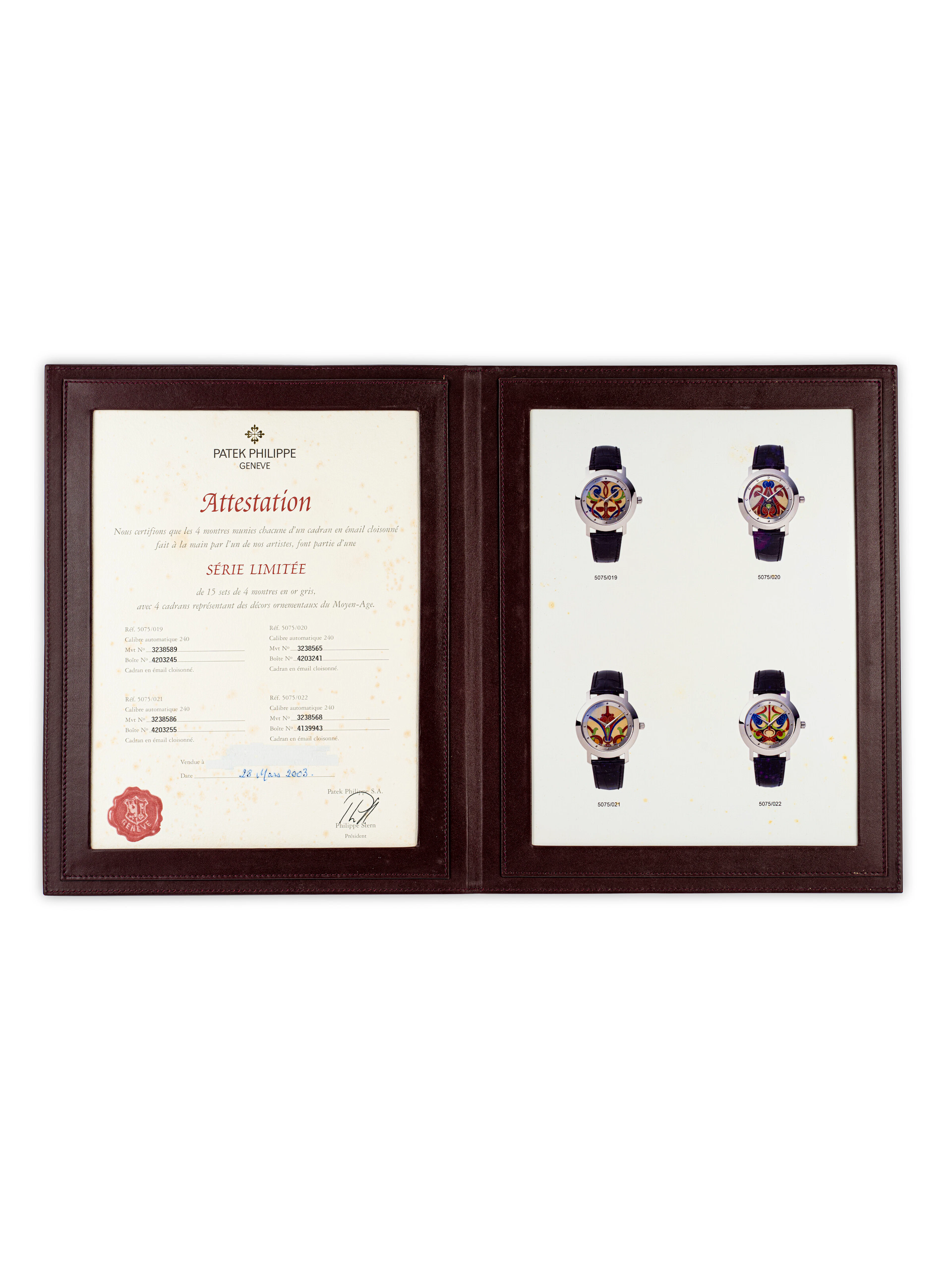 PATEK PHILIPPE. AN ATTESTATION FOR A SET OF REF. 5075