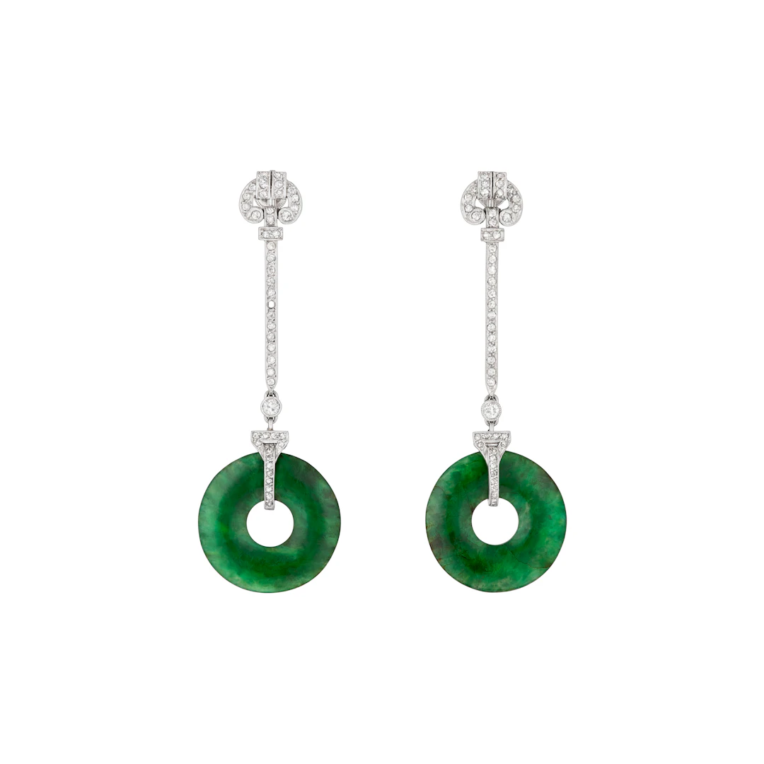 Art Deco Jade and Diamond Pendant Earrings