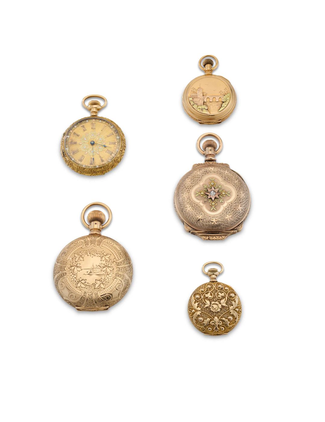 A Group of Five American Vari-Color Gold Pocket Watches