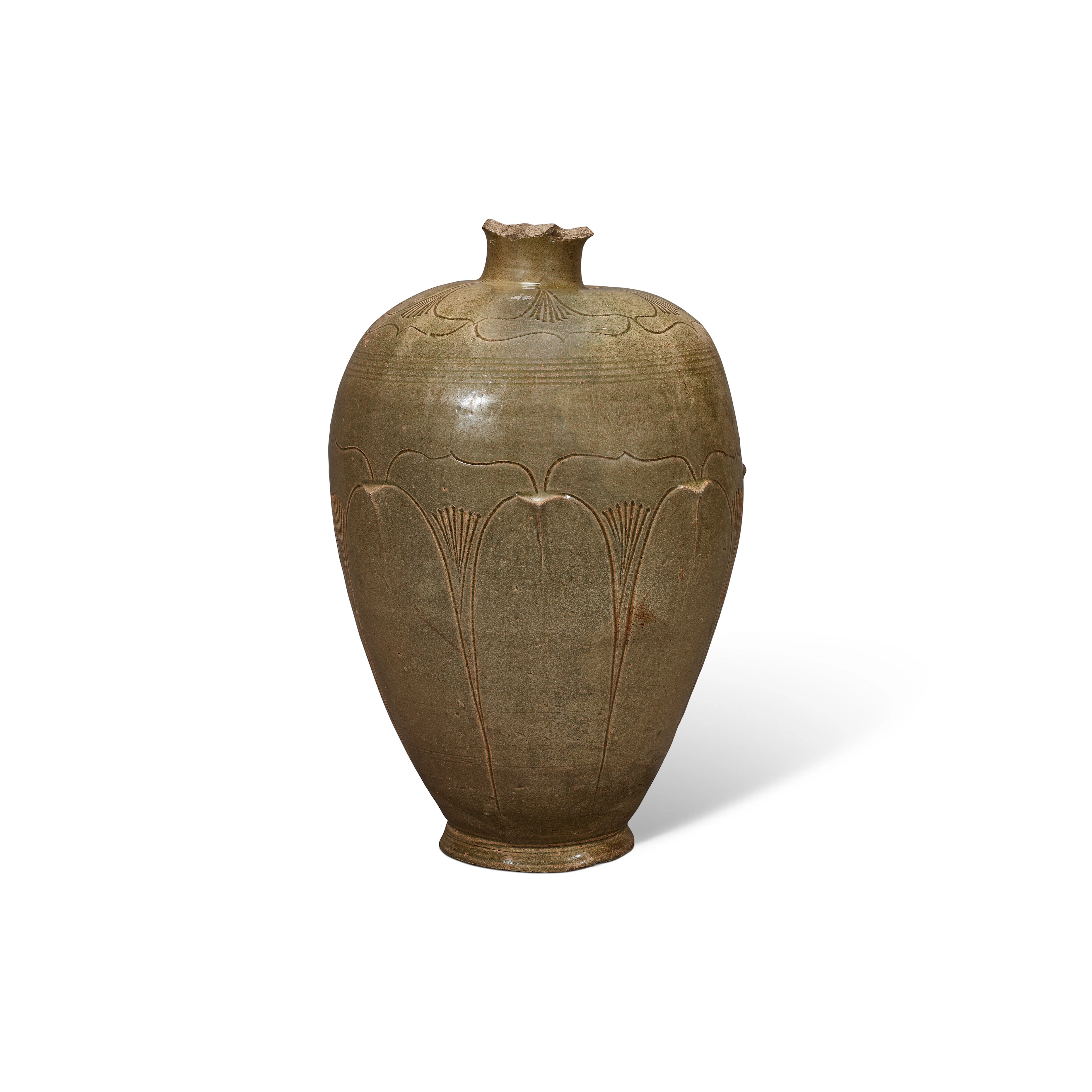 A Very Rare Carved Celadon-Glazed ‘Lotus' Vase, Meiping