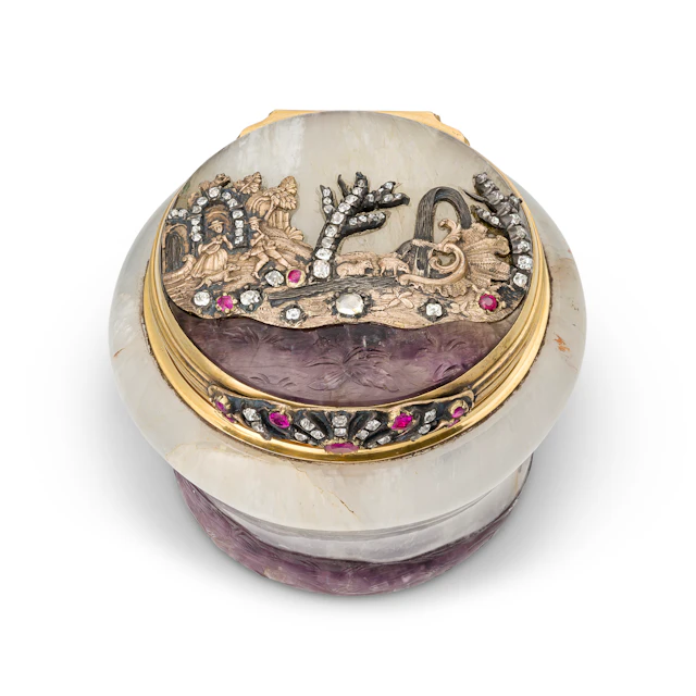 German Jewelled Vari-Colour Gold-Mounted Amethyst and Quartz Pill
