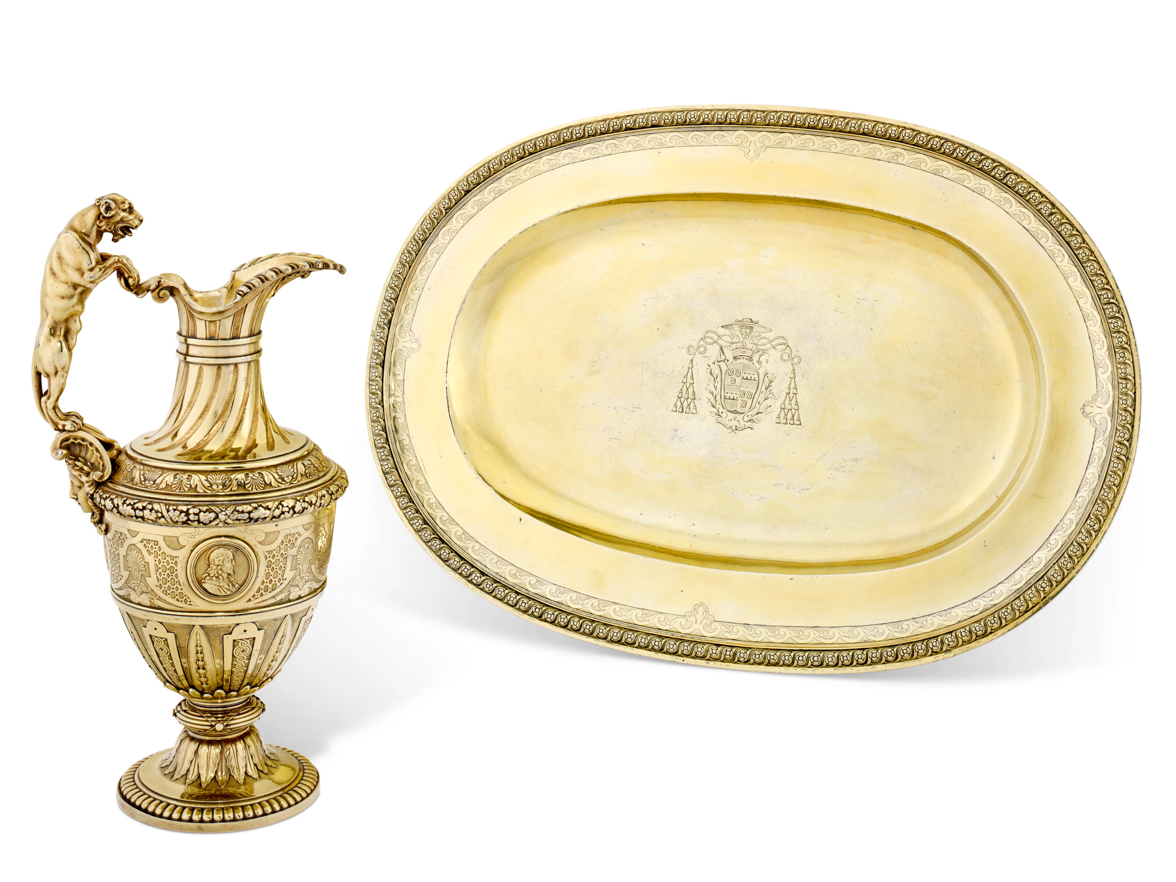 Rare Aiguière Et Son Bassin En Vermeil D'époque Louis Xiv