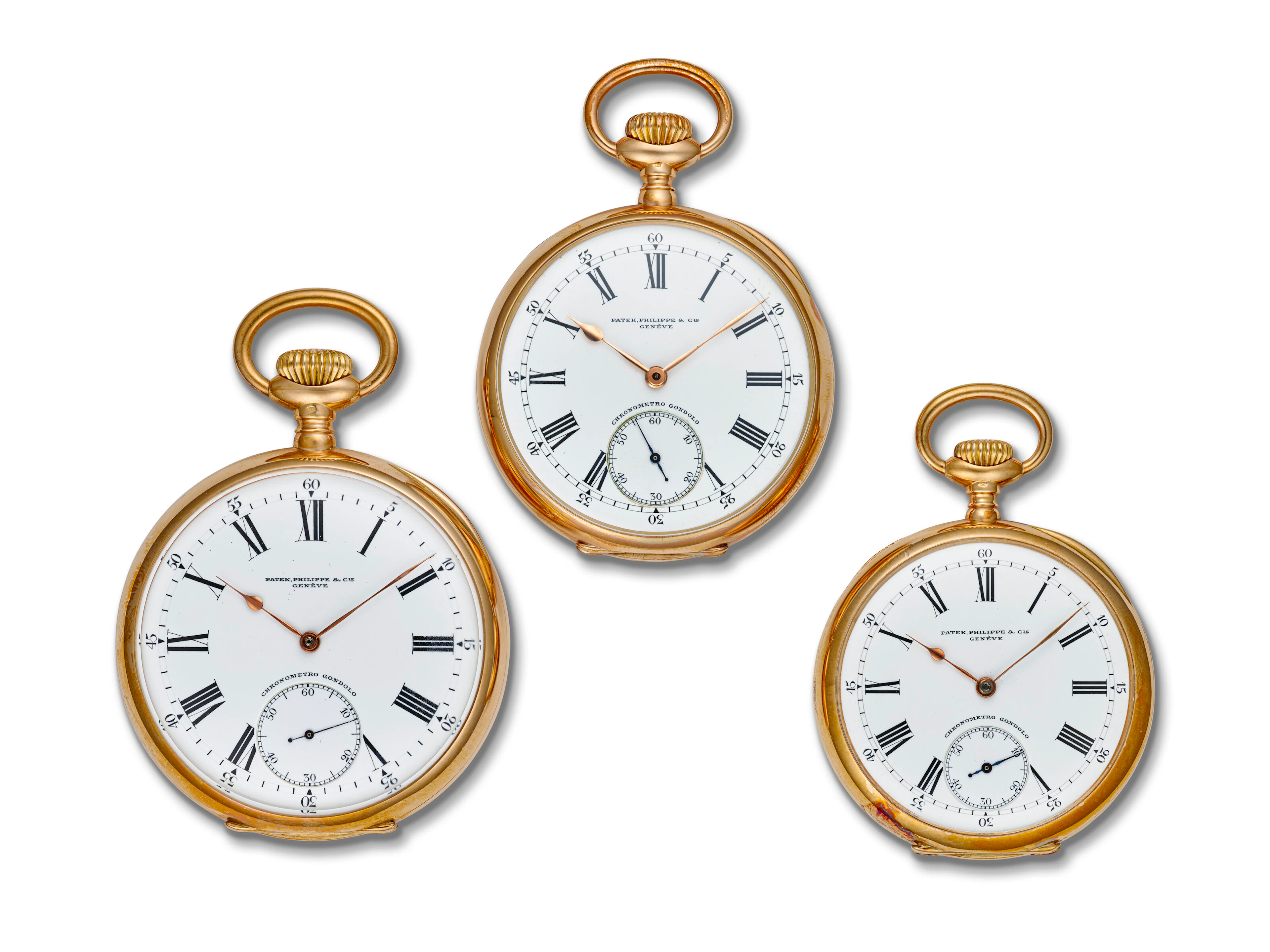 Patek Philippe, Set of Three Pink Gold Pocket Watches, Made for Gondolo