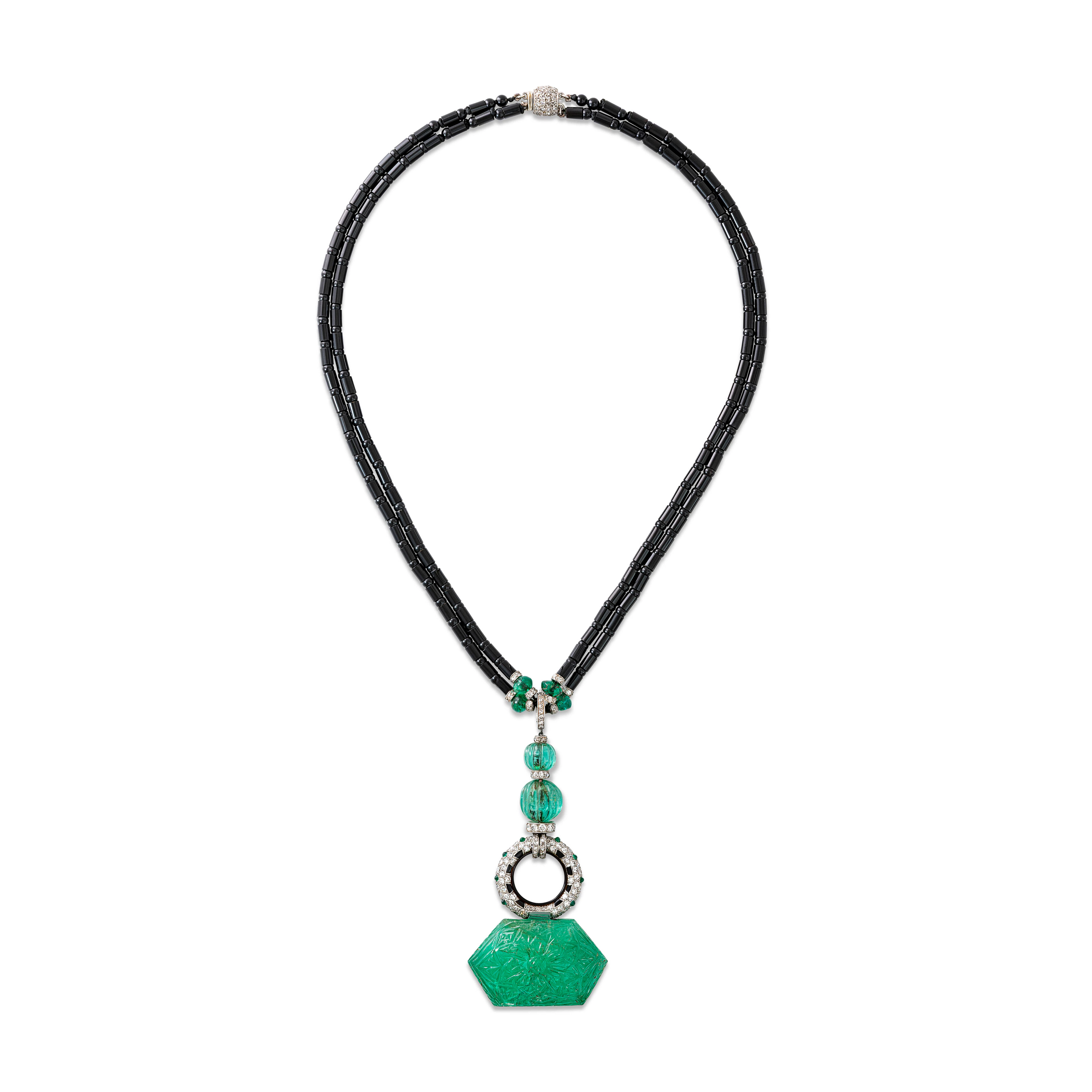 RARE CARTIER ART DECO EMERALD, ONYX AND DIAMOND NECKLACE