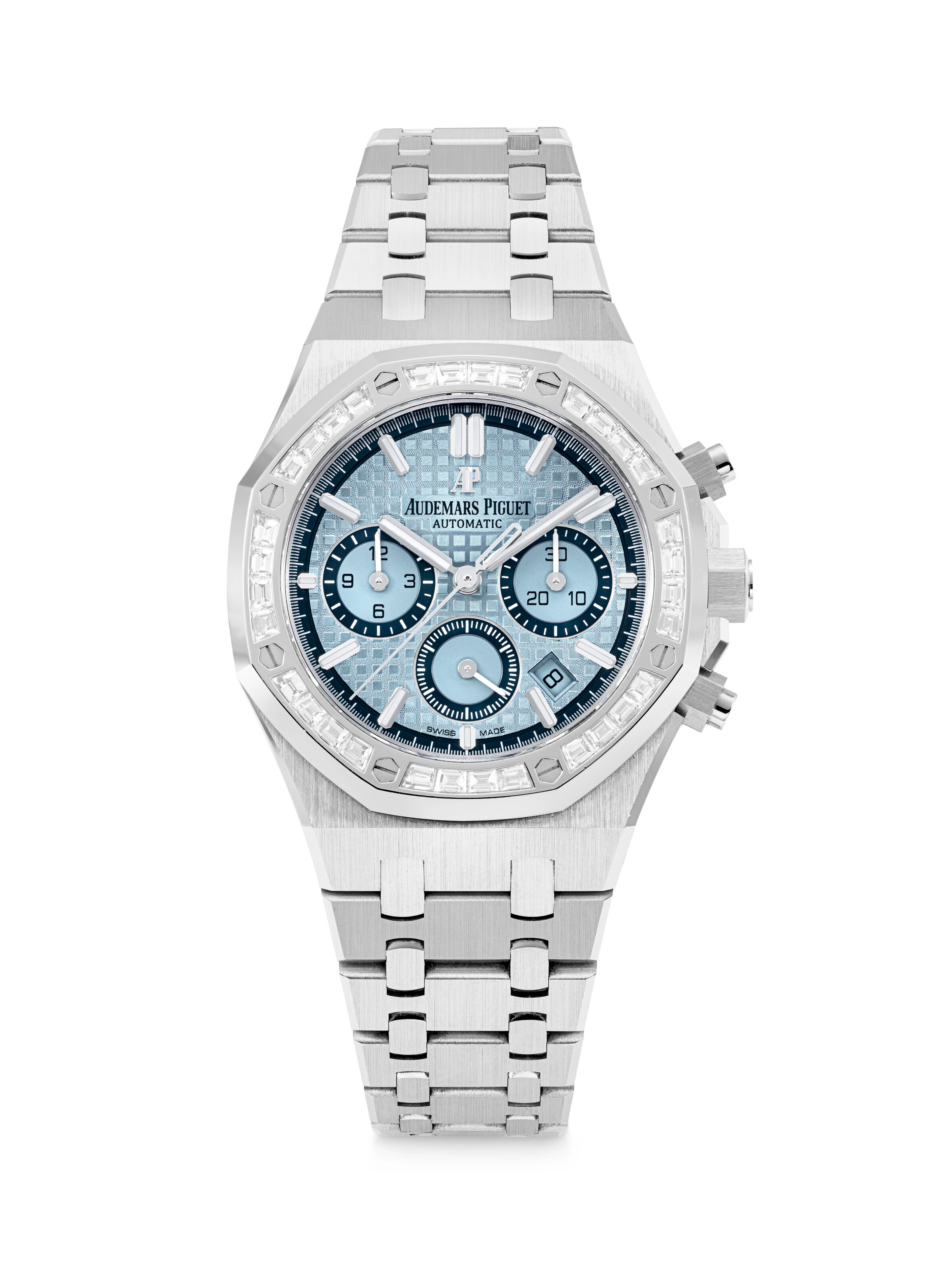 AUDEMARS PIGUET. A VERY RARE AND DAZZLING 18K WHITE GOLD AND BAGUETTE-CUT