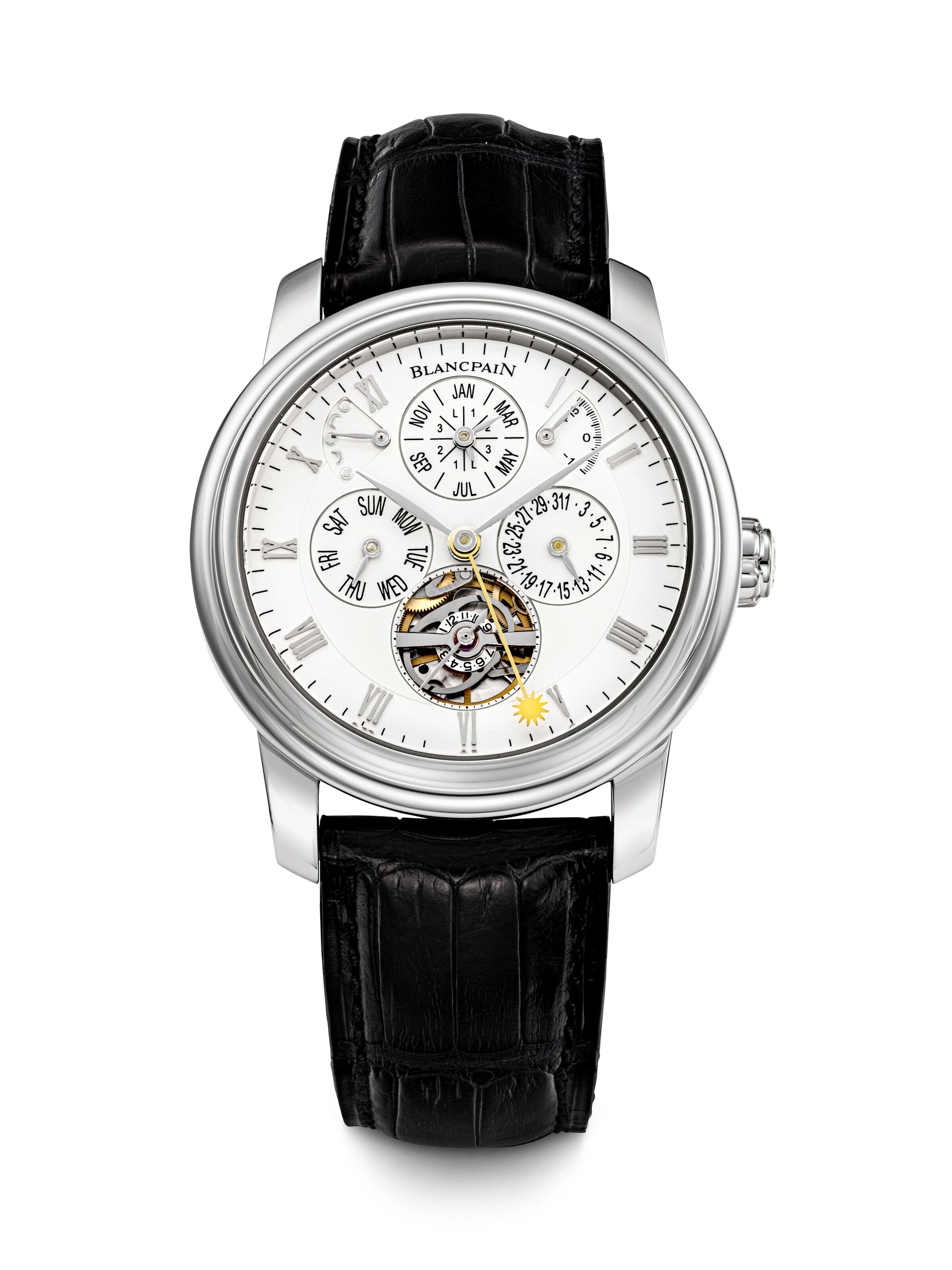 BLANCPAIN. A VERY RARE PLATINUM SEMI-SKELETONISED LIMITED EDITION