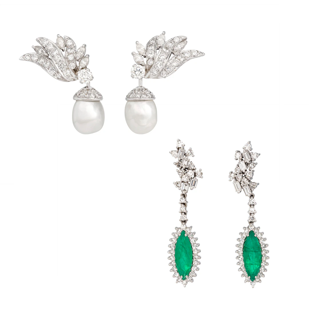 Group of Emerald, Cultured Pearl and Diamond Earrings