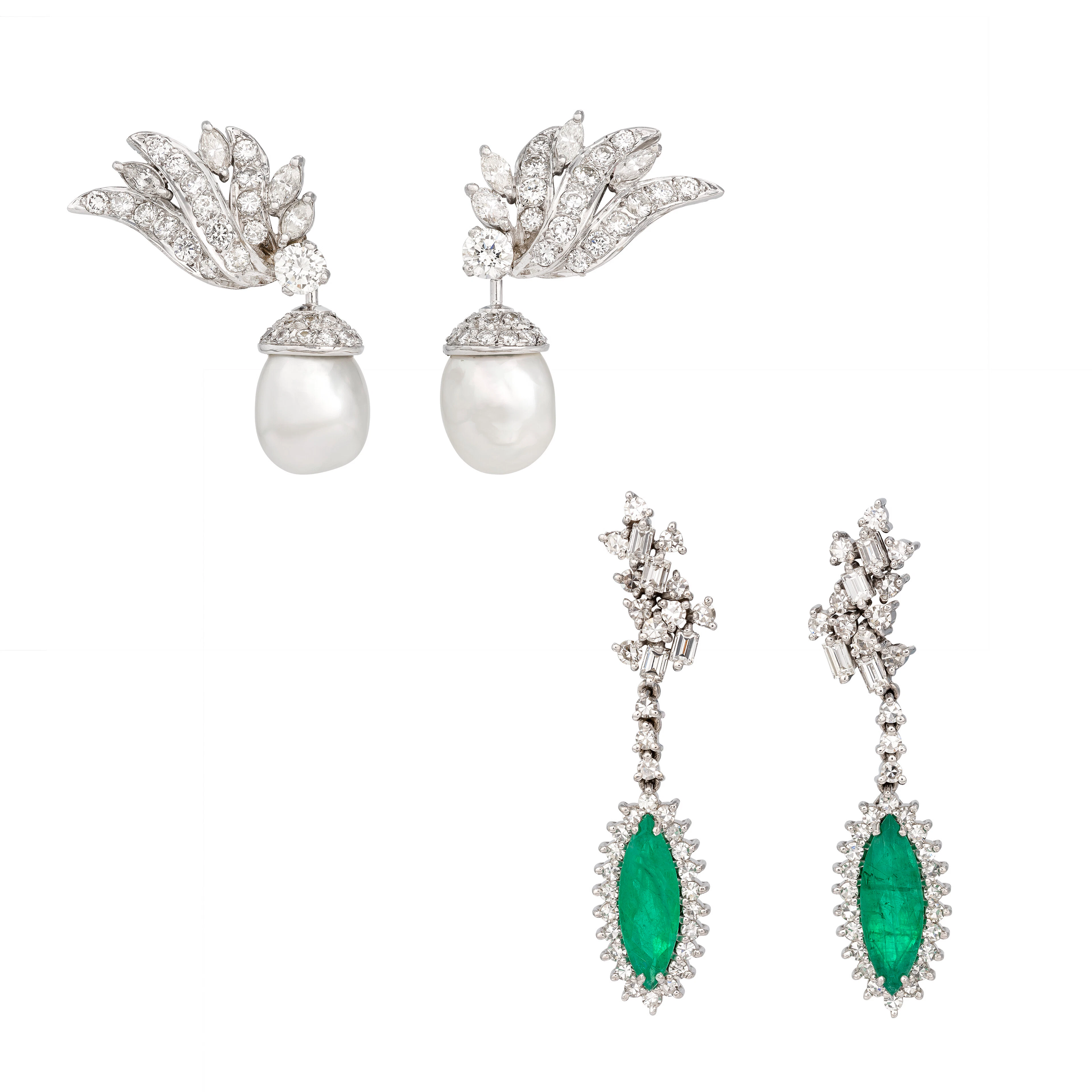 Group of Emerald, Cultured Pearl and Diamond Earrings