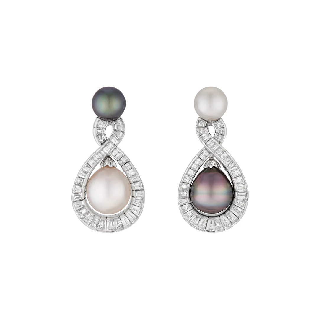 Harry Winston Black and White Cultured Pearl and Diamond Earrings