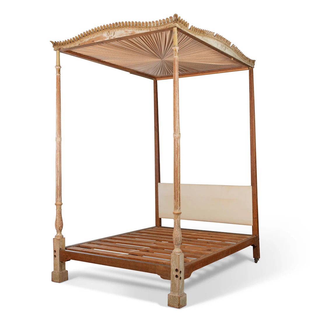 A George Iii Pink, Cream and White-Painted Four Post Bedstead