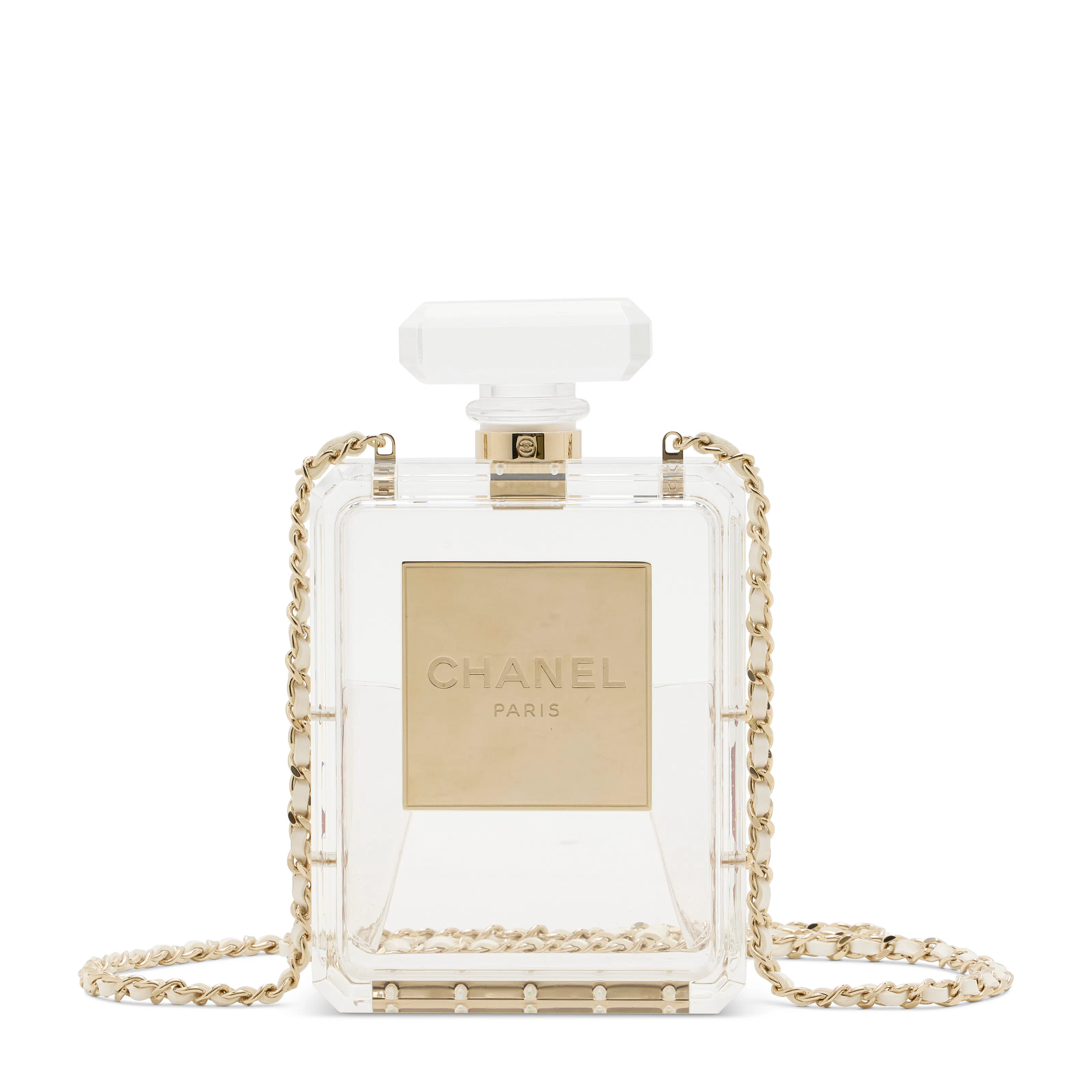 A Runway Clear Lucite N°5 Perfume Bottle Clutch with Silver Hardware