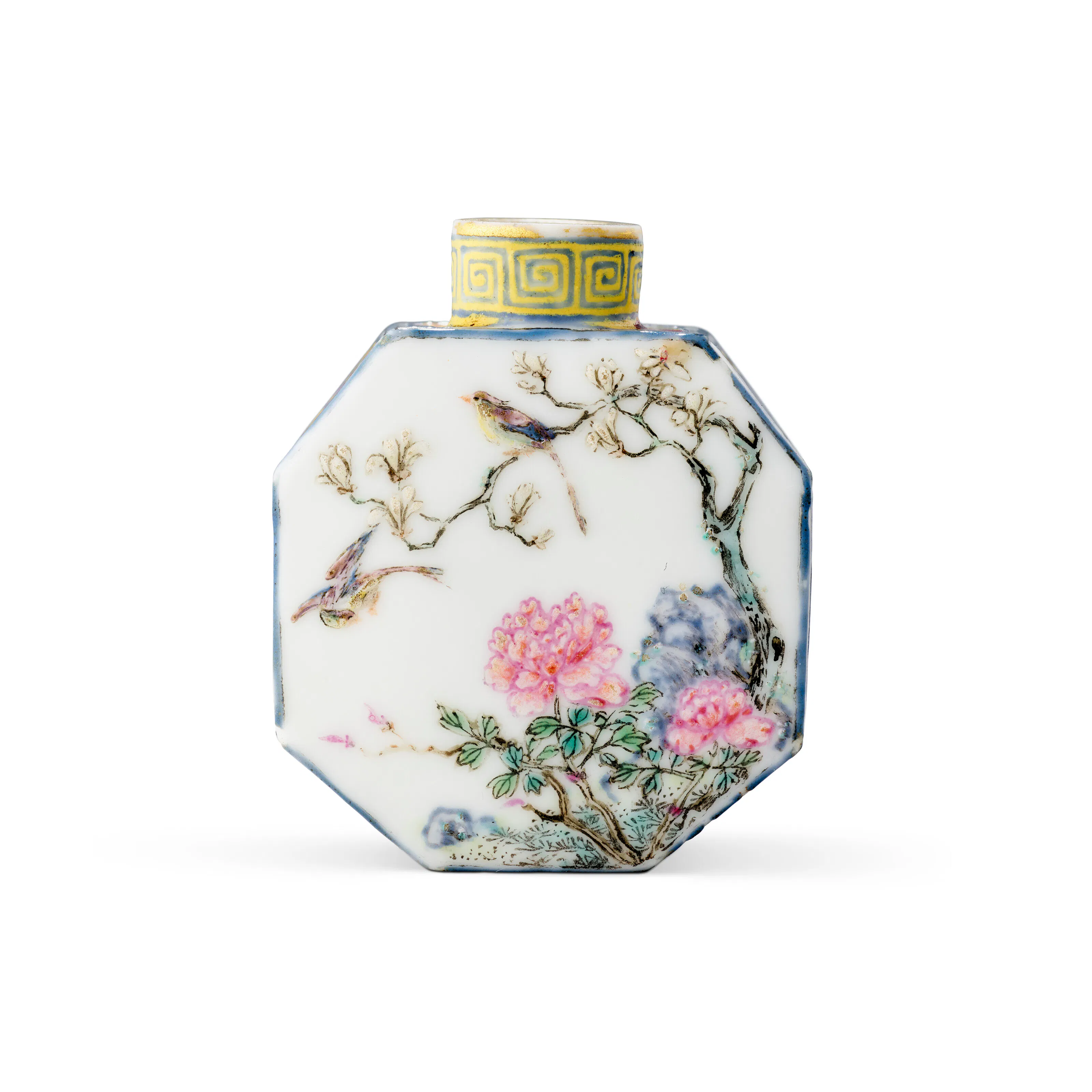An Exceptional Imperial Falangcai Enamelled 'Magpies' Octagonal Snuff Bottle