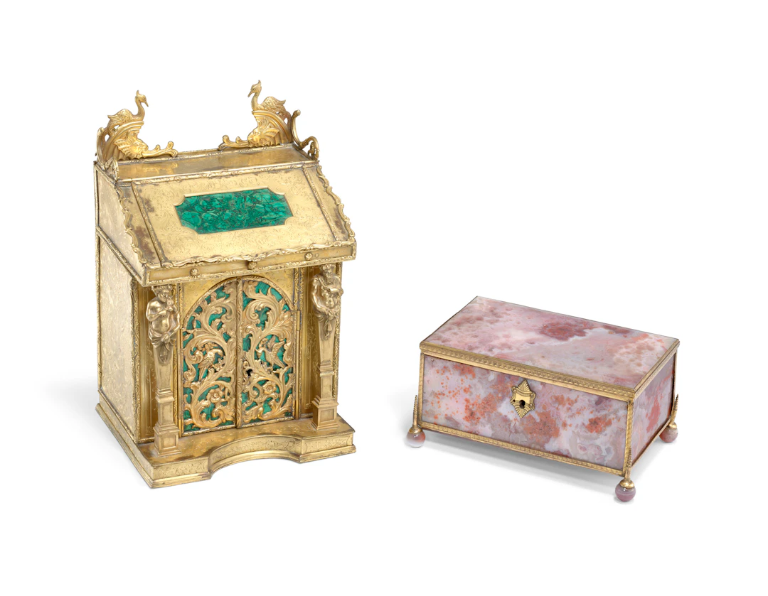 A Russian Gilt-Bronze and Malachite Miniature Cabinet