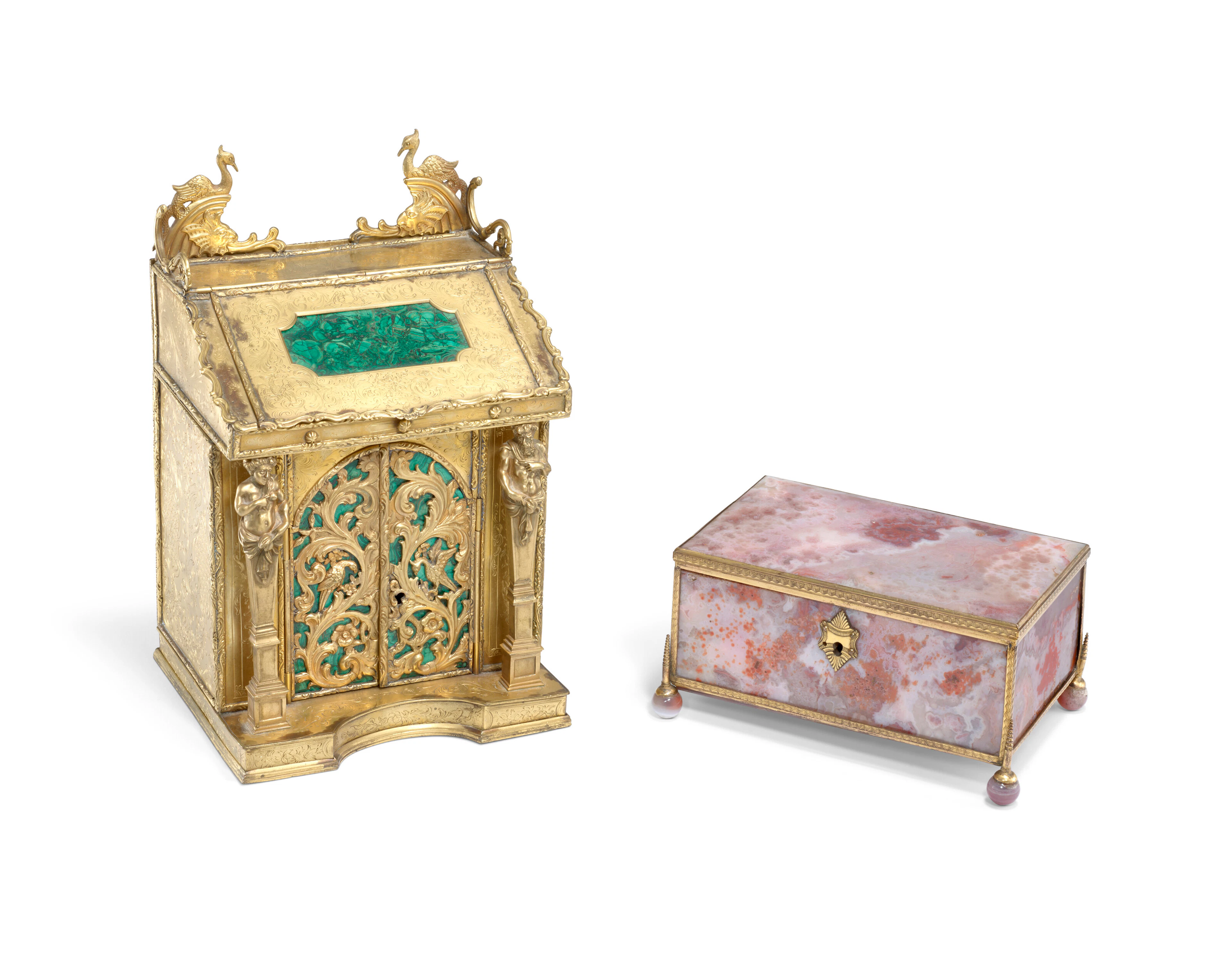 A Russian Gilt-Bronze and Malachite Miniature Cabinet