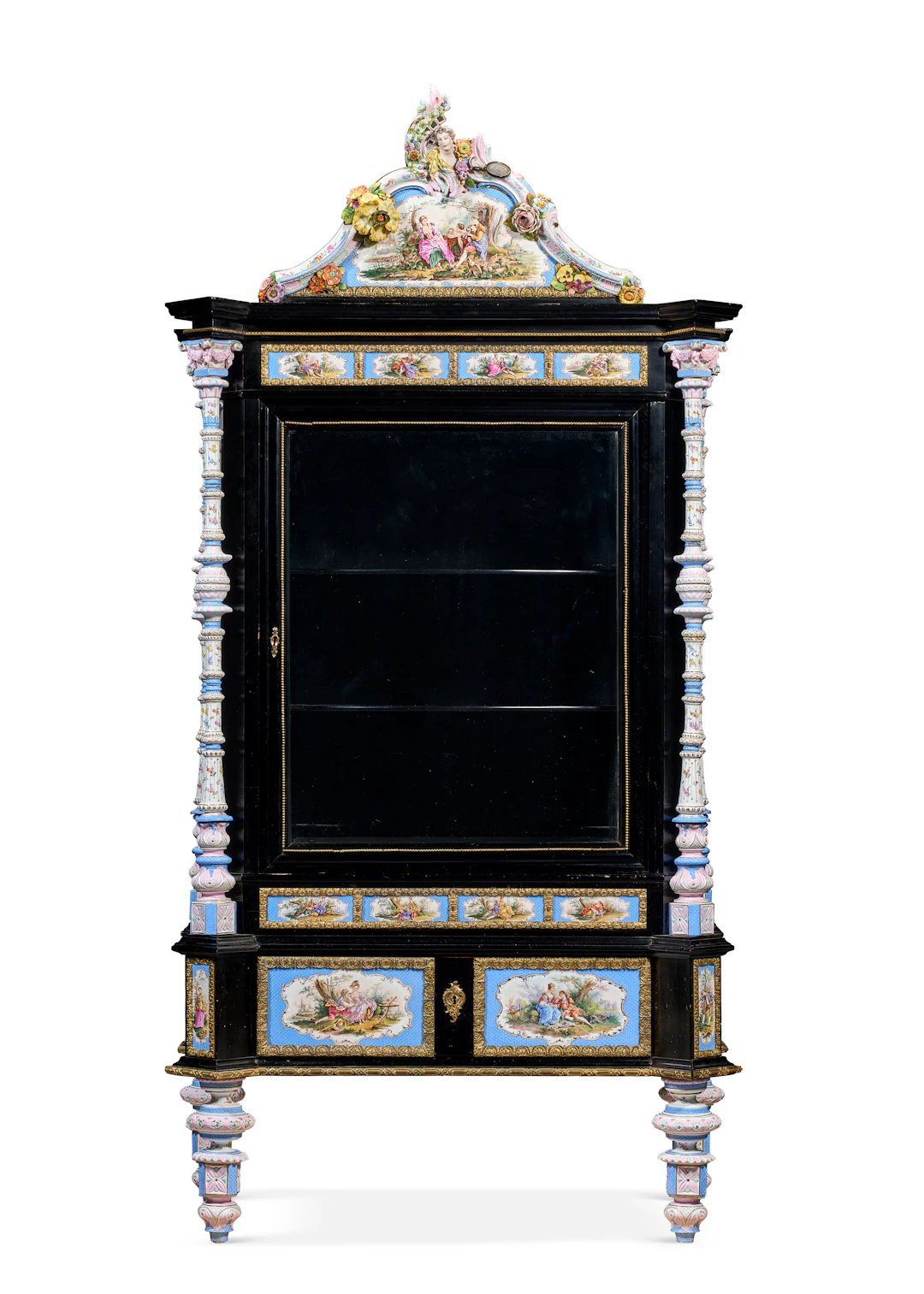 A German Ormolu and Blue-Ground Porcelain-Mounted Ebonized Vitrine