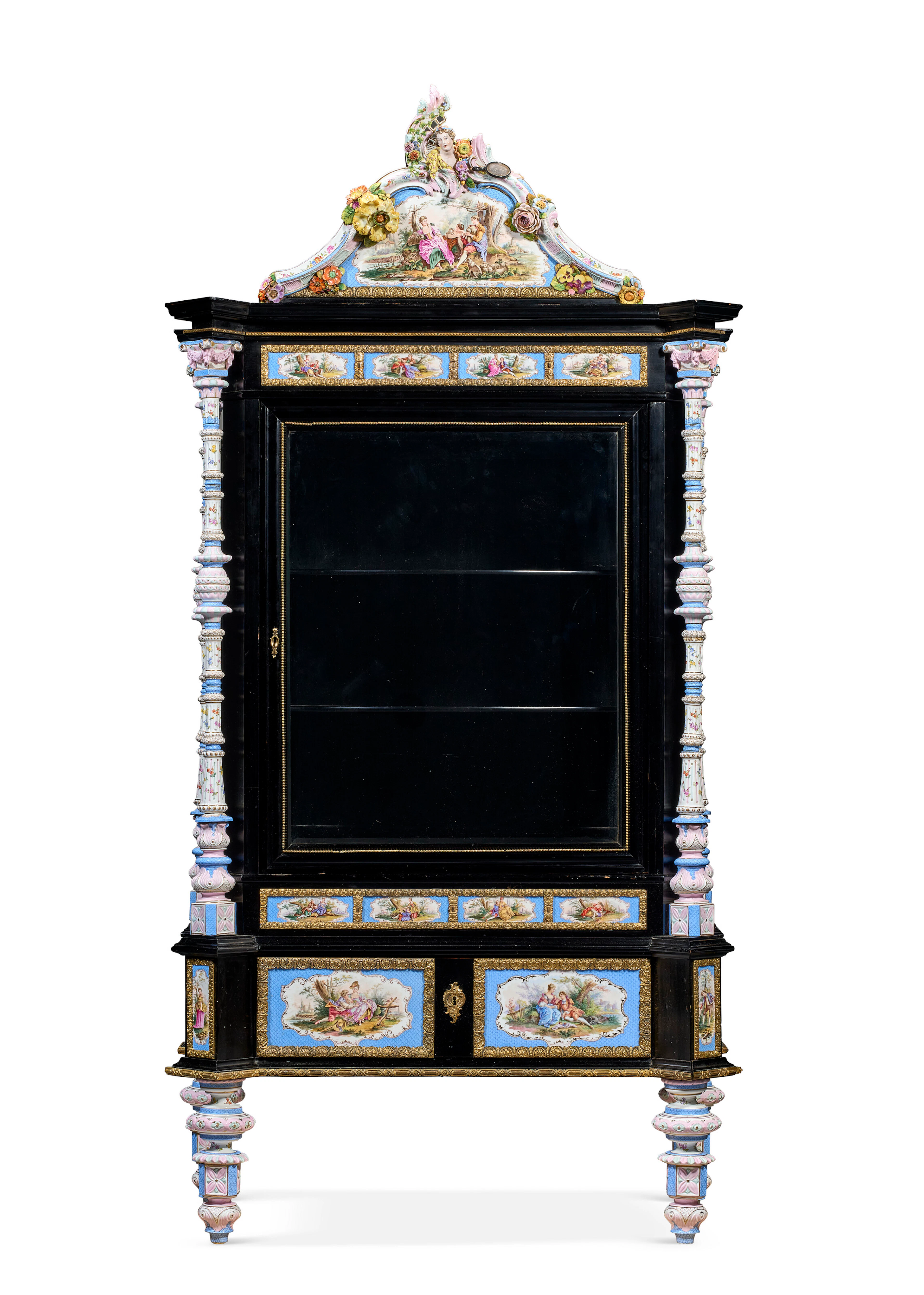 A German Ormolu and Blue-Ground Porcelain-Mounted Ebonized Vitrine