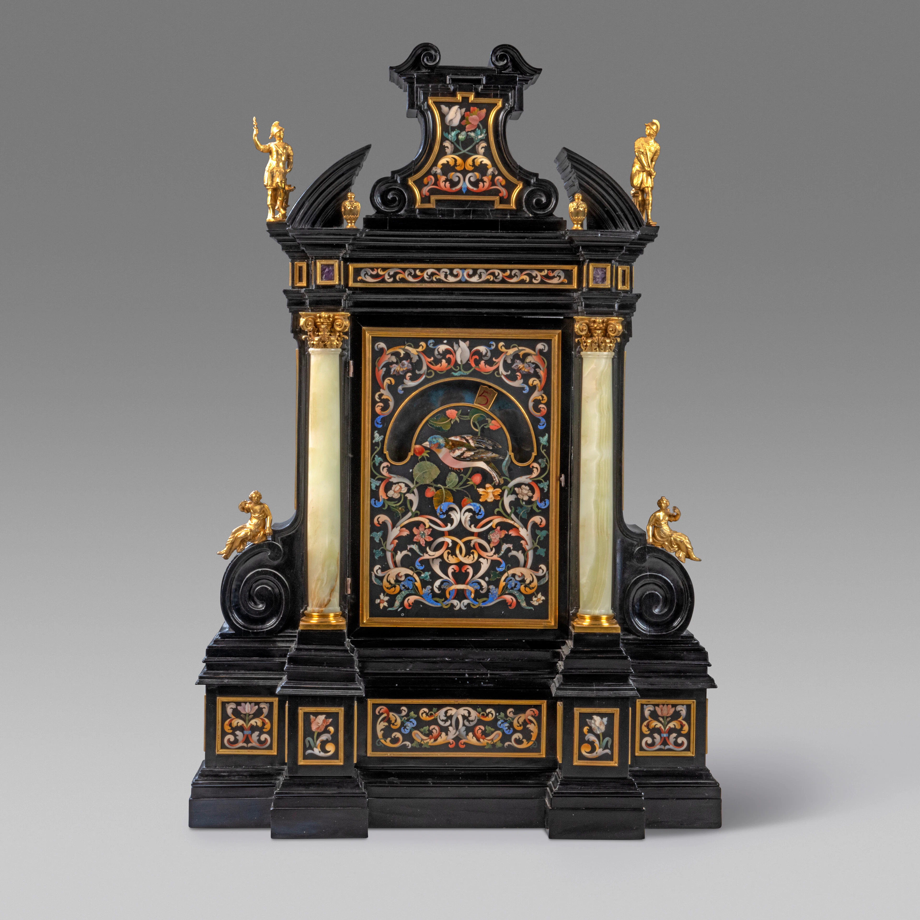 An Italian Gilt-Bronze-Mounted Pietra Dura, Onyx and Ebony 'Night' Clock