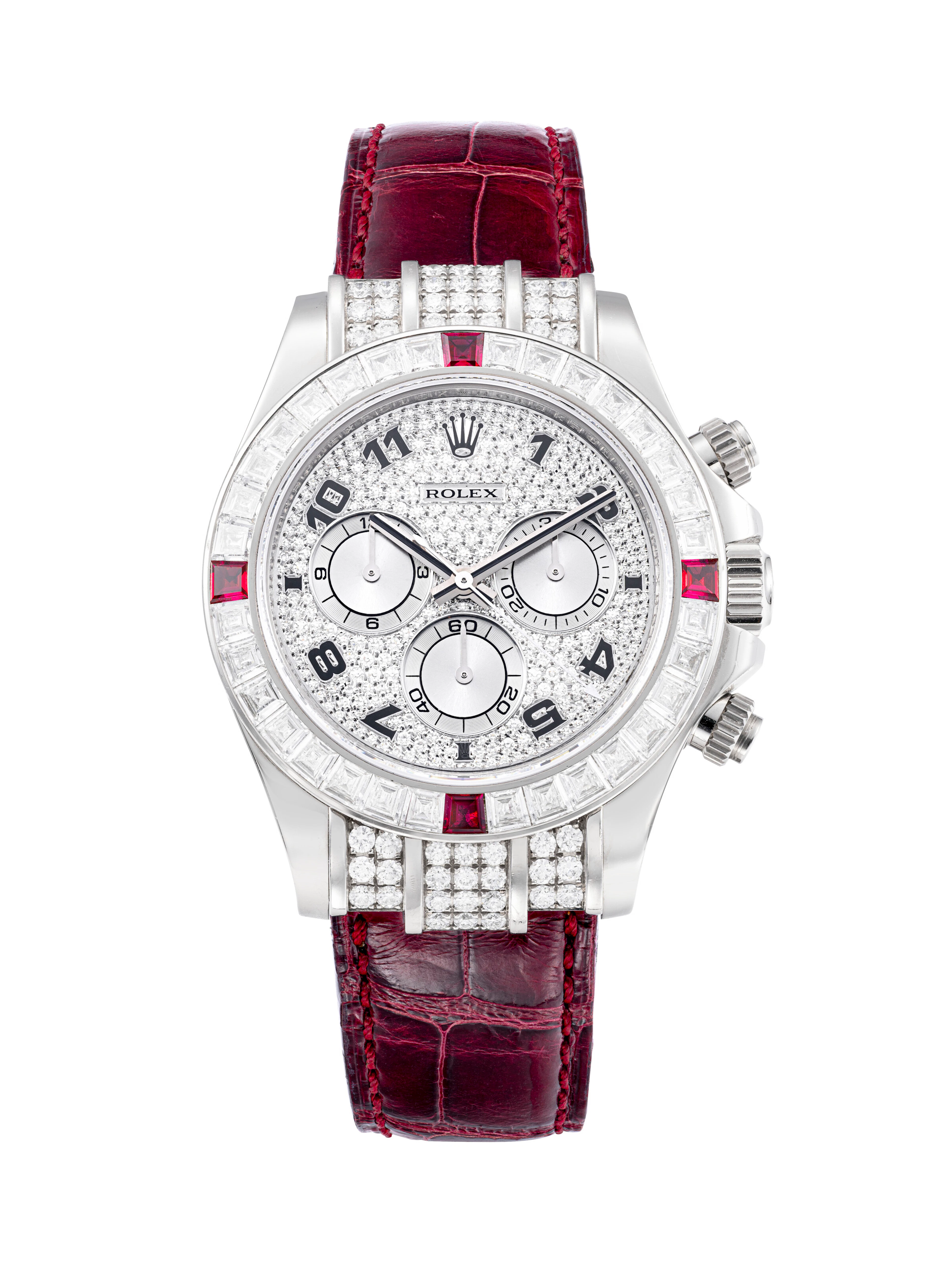 ROLEX. AN ATTRACTIVE 18K WHITE GOLD, DIAMOND AND RUBY-SET AUTOMATIC