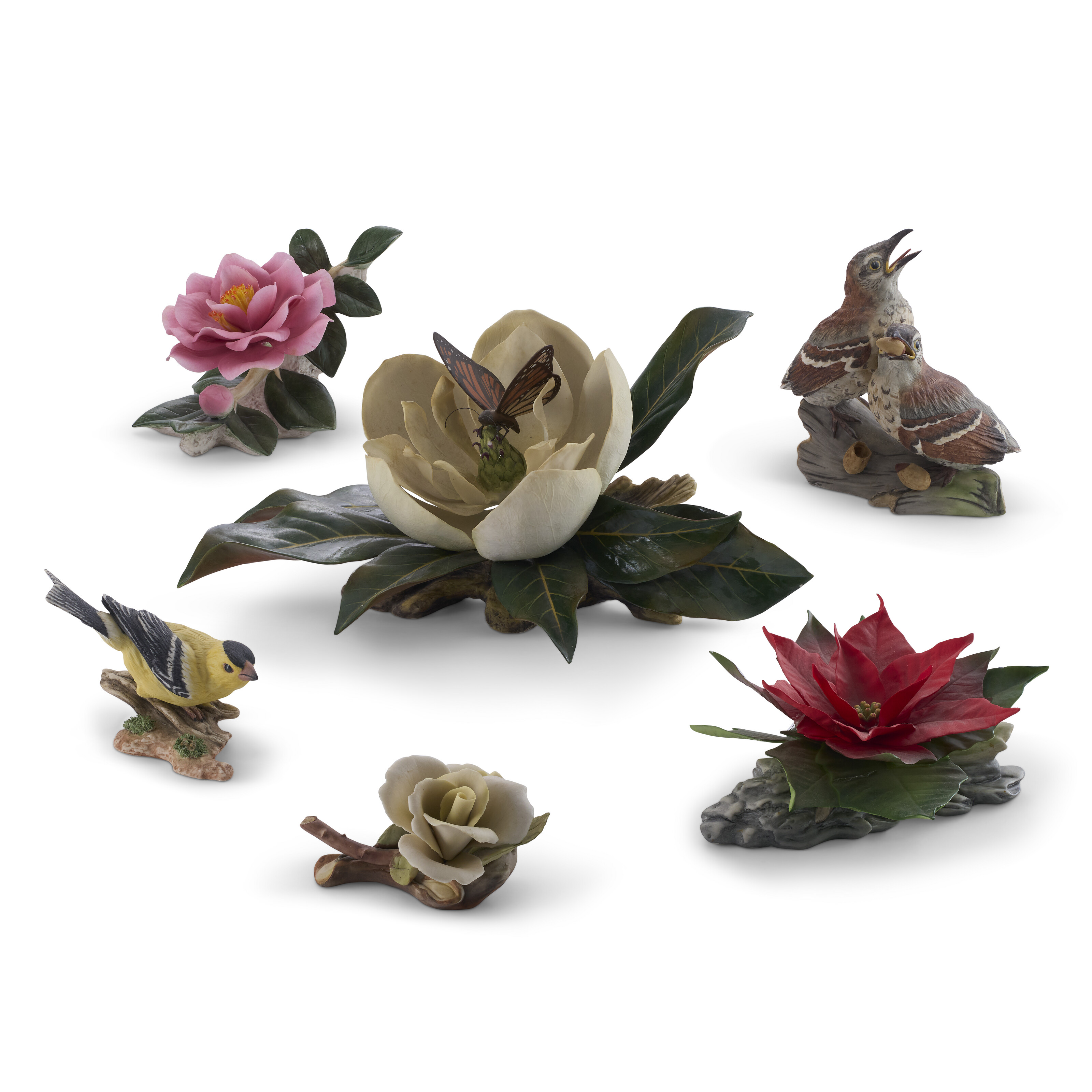 A GROUP OF BOEHM PORCELAIN MODELS OF THREE FLOWERS AND TWO BIRDS LATE