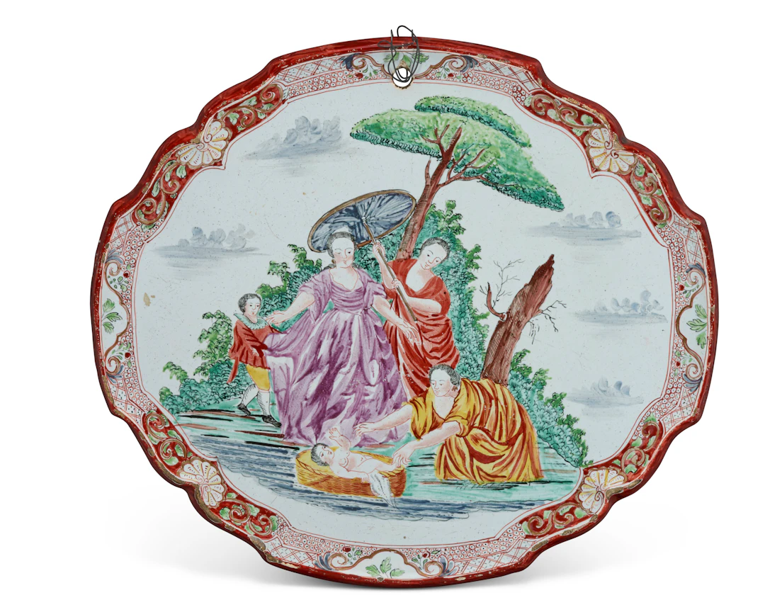 A Dutch Delft Dore Plaque of the Finding of Moses