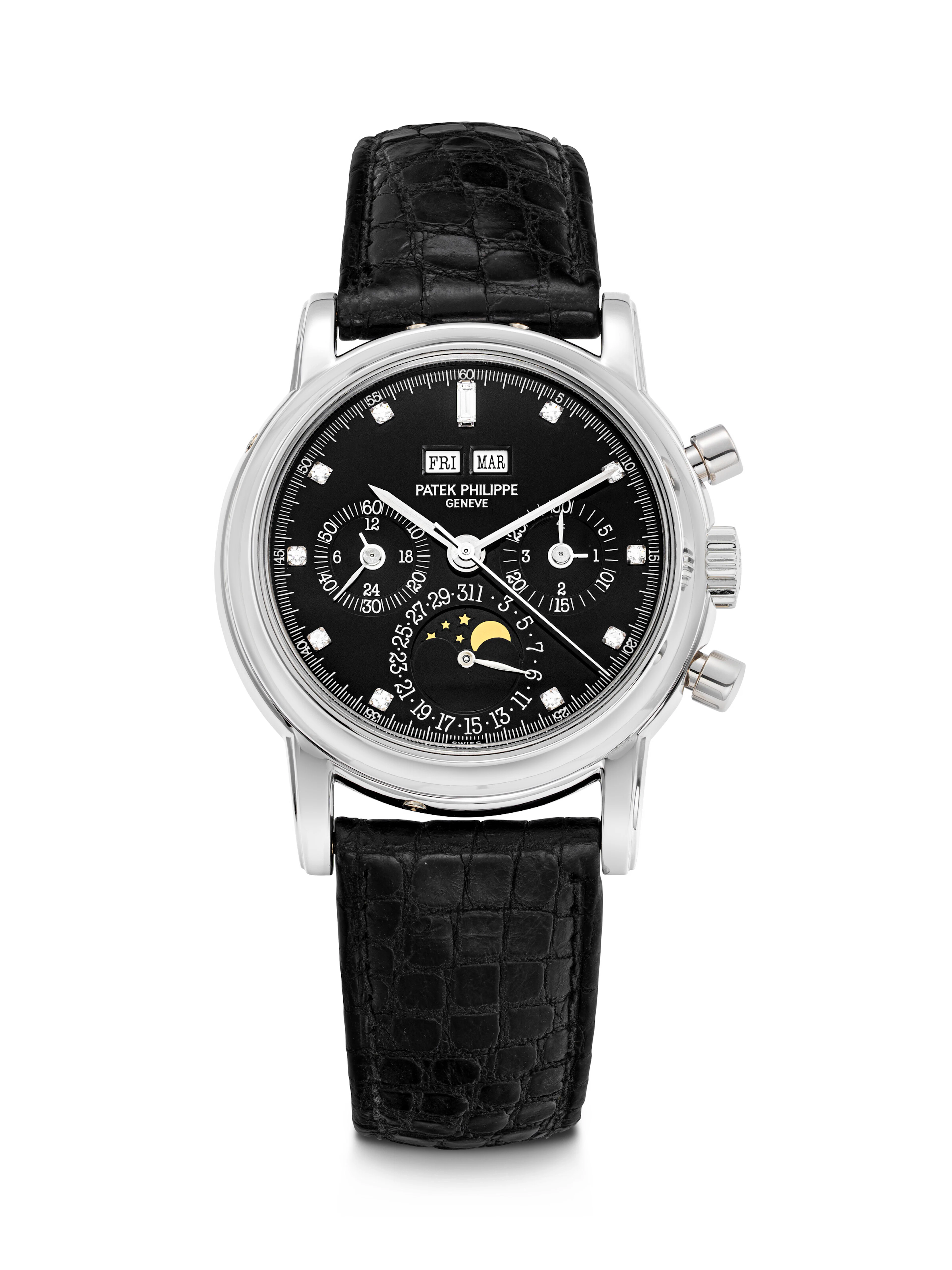 PATEK PHILIPPE. A RARE PLATINUM AND DIAMOND-SET PERPETUAL CALENDAR