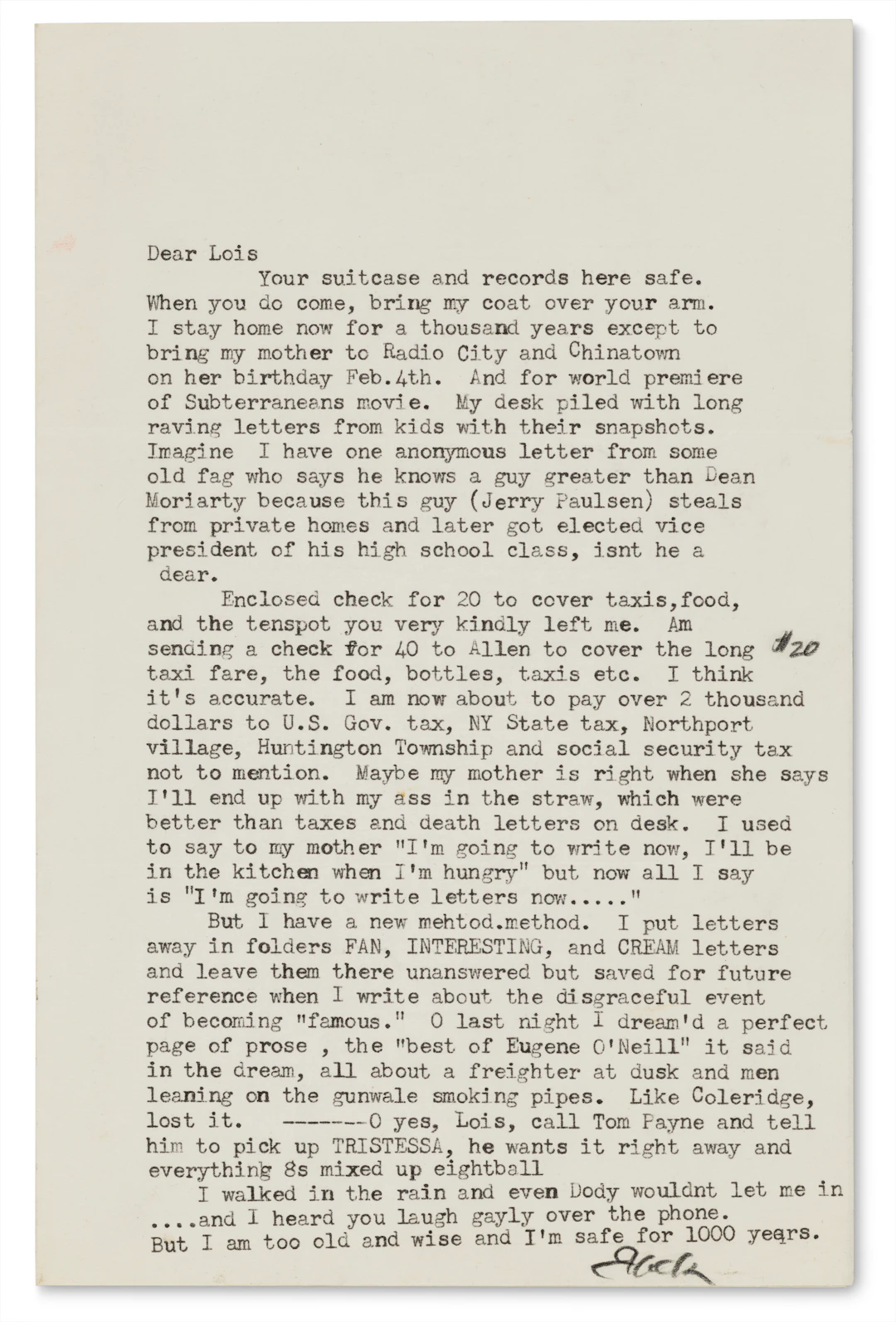 Typed Letter Signed to His Girlfriend Lois Sorrells in New York City