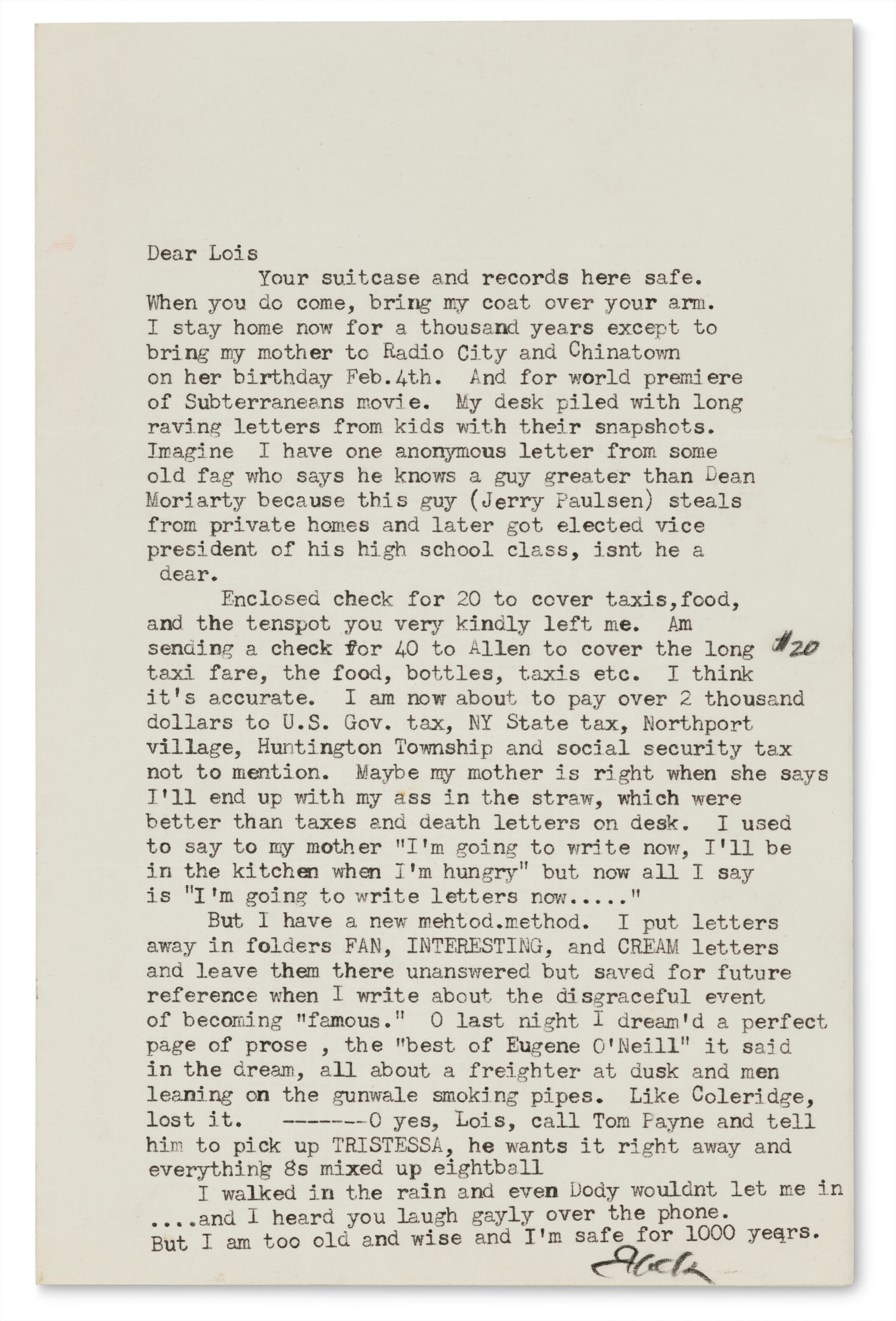 Typed Letter Signed to His Girlfriend Lois Sorrells in New York City
