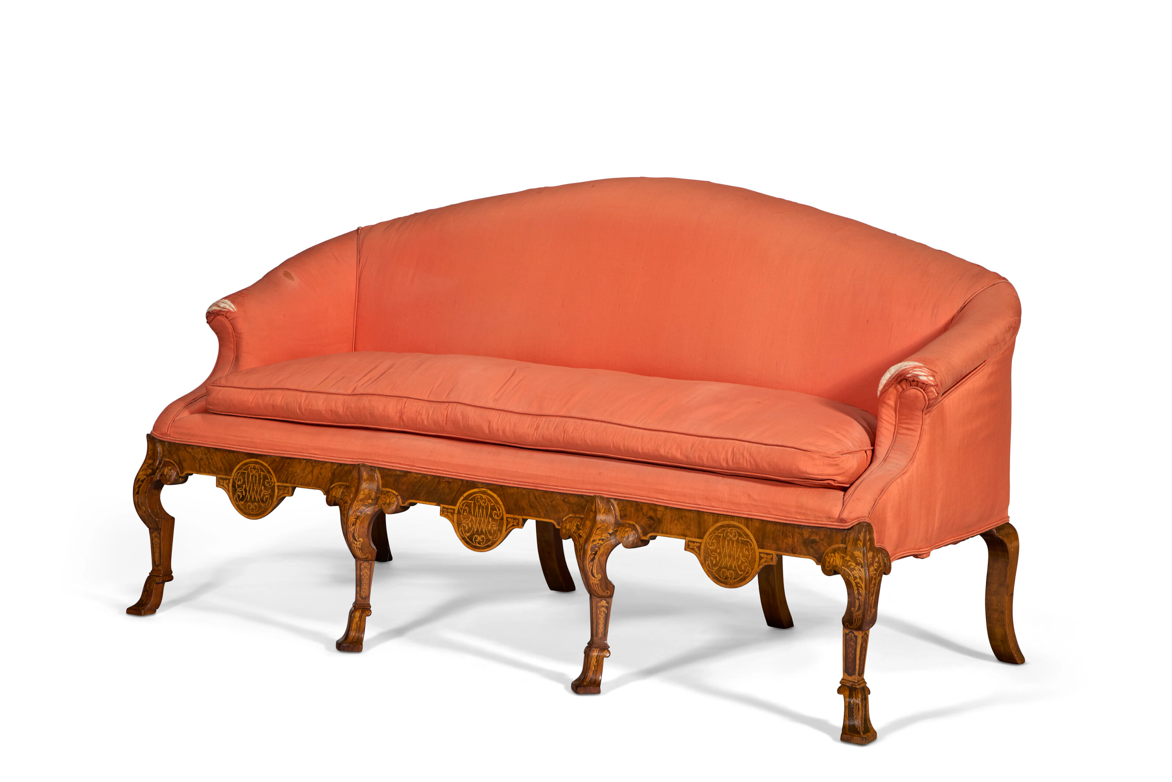 A Queen Anne Walnut, Faux-Grained, and Marquetry-Inlaid Settee