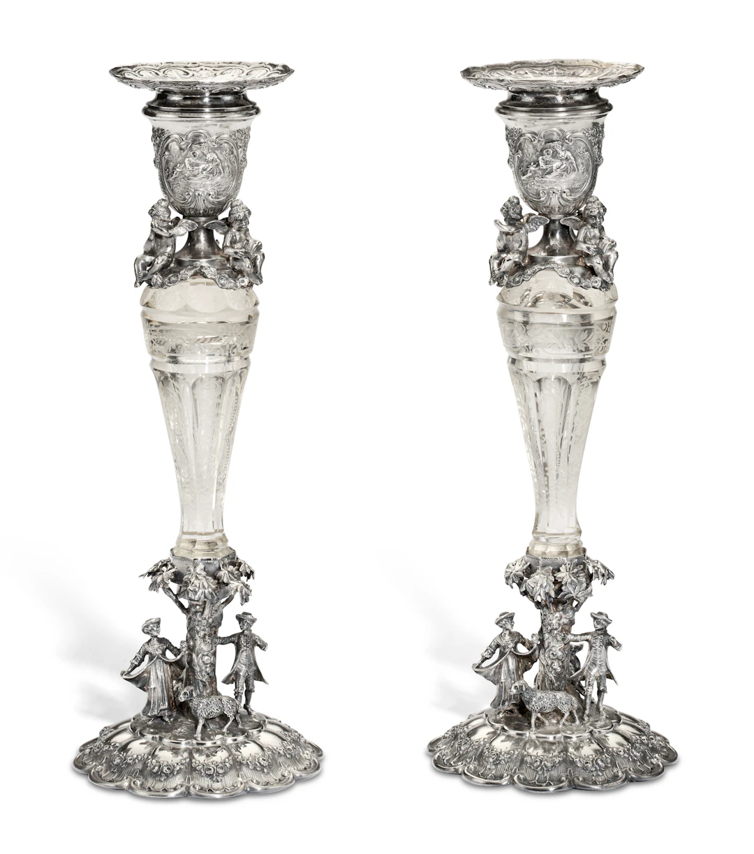 A Pair of German Silver and Cut-Glass Candlesticks